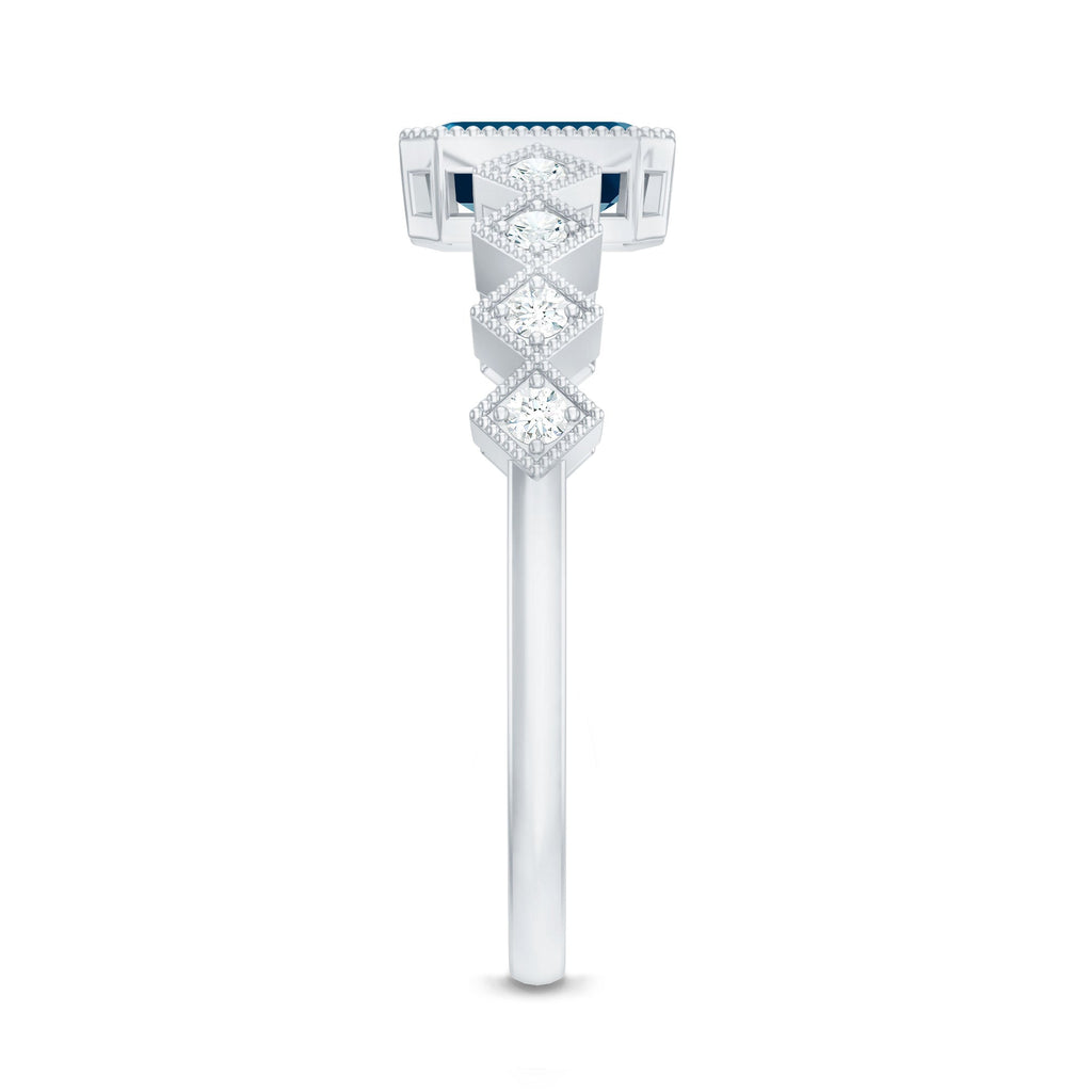 0.7 Carat Emerald Cut London Blue Topaz Engagement Ring with Beaded Details