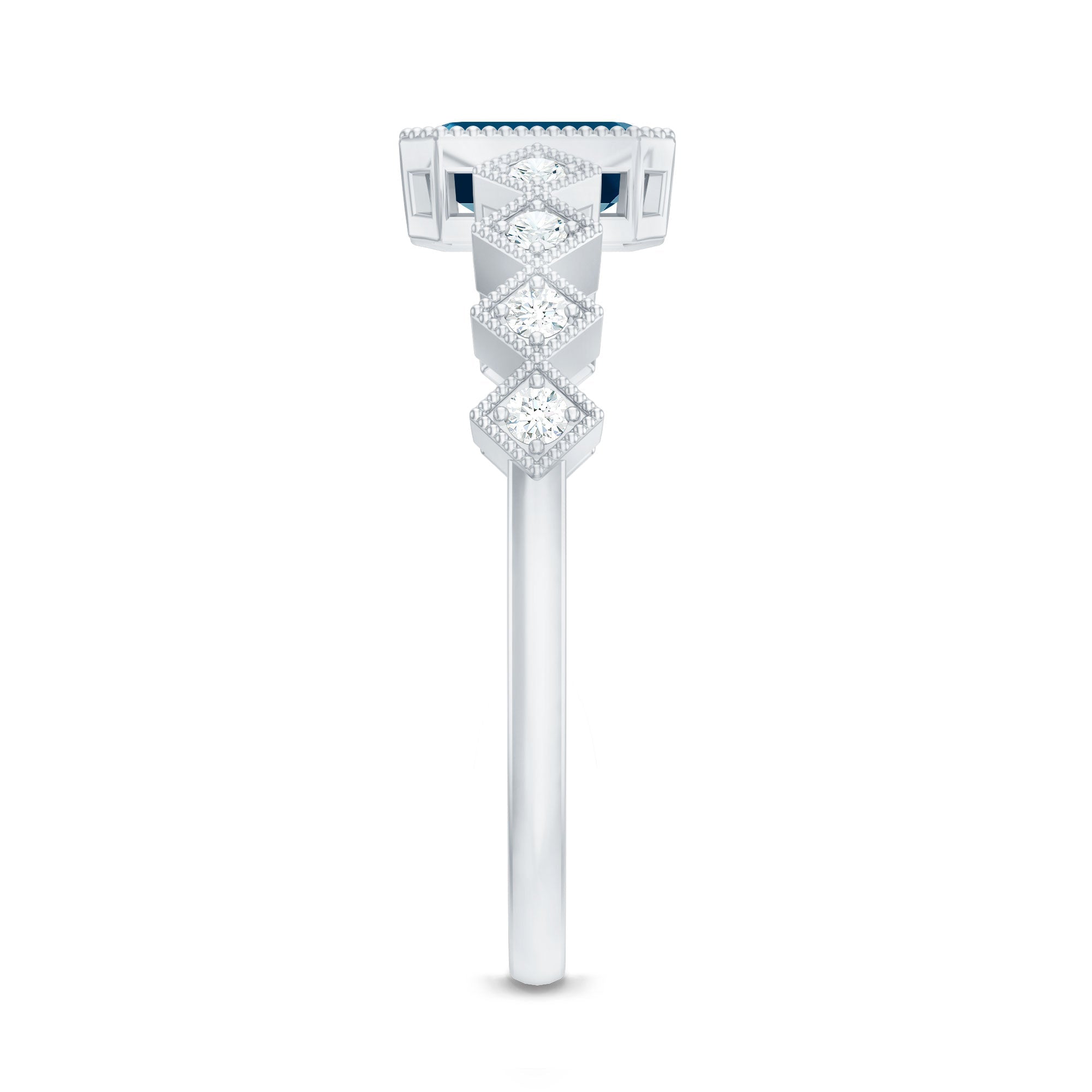 0.7 Carat Emerald Cut London Blue Topaz Engagement Ring with Beaded Details