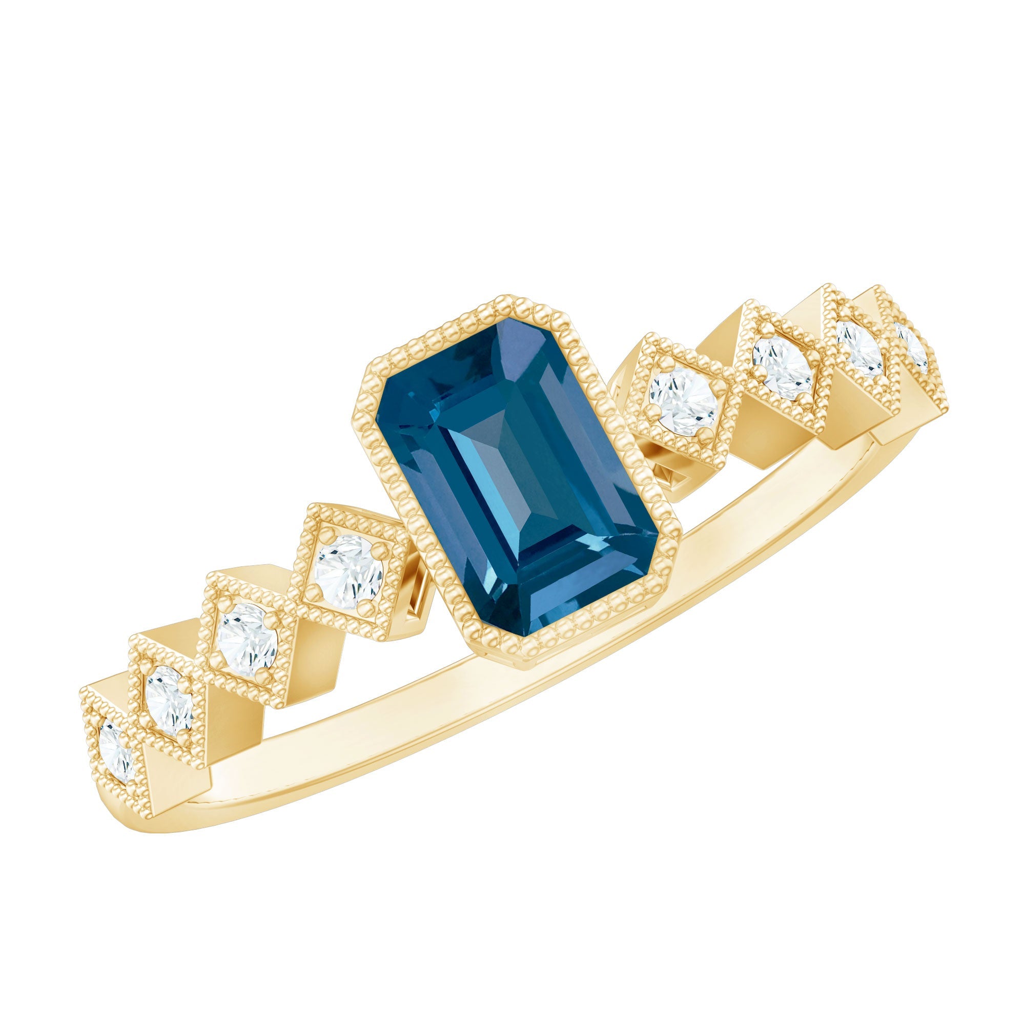 0.7 Carat Emerald Cut London Blue Topaz Engagement Ring with Beaded Details
