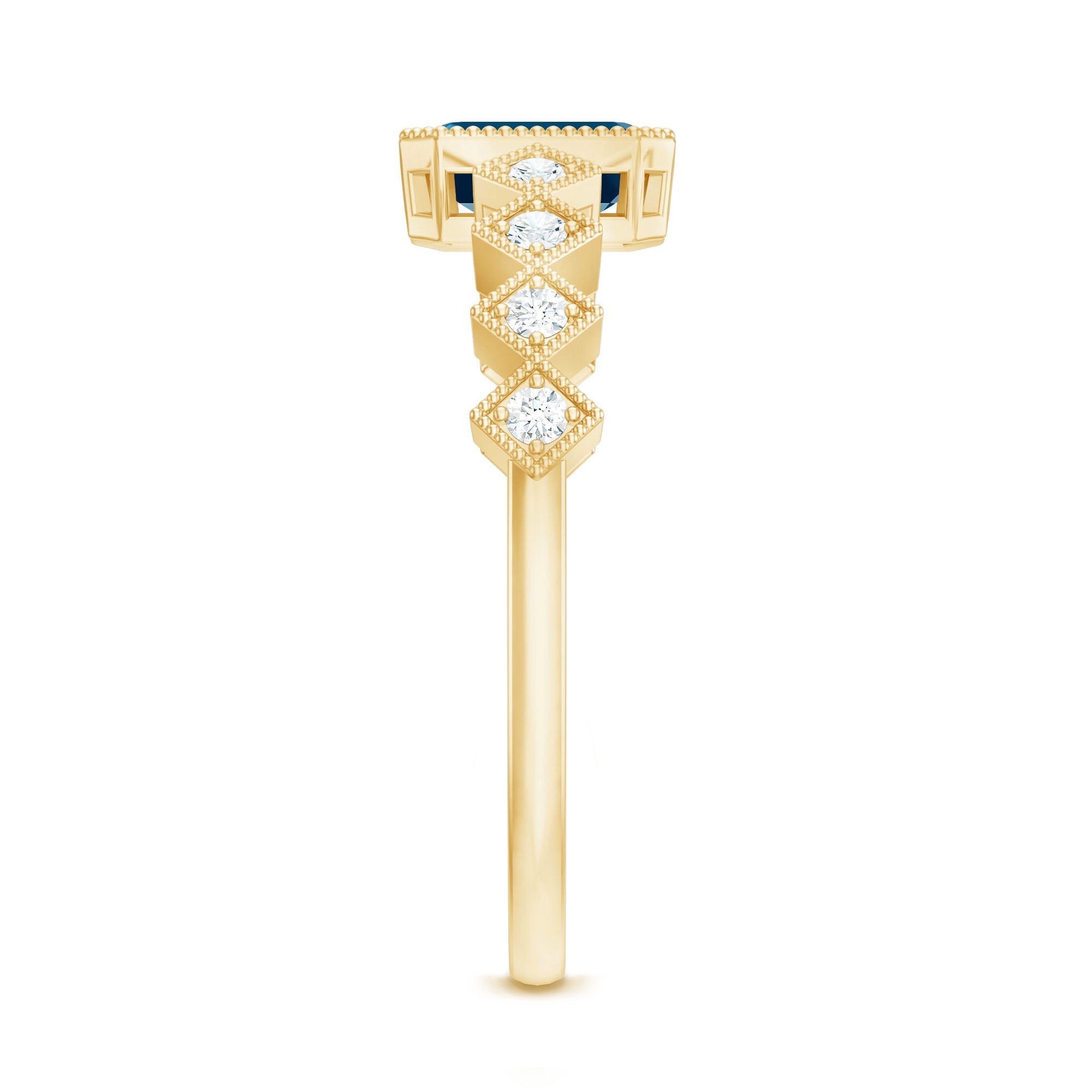 0.7 Carat Emerald Cut London Blue Topaz Engagement Ring with Beaded Details
