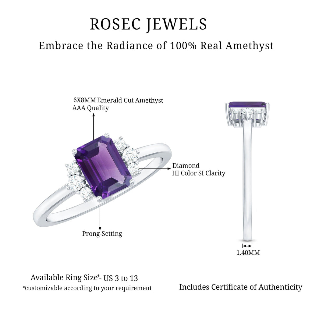 Octagon Cut Amethyst Solitaire Ring with Diamond Accent
