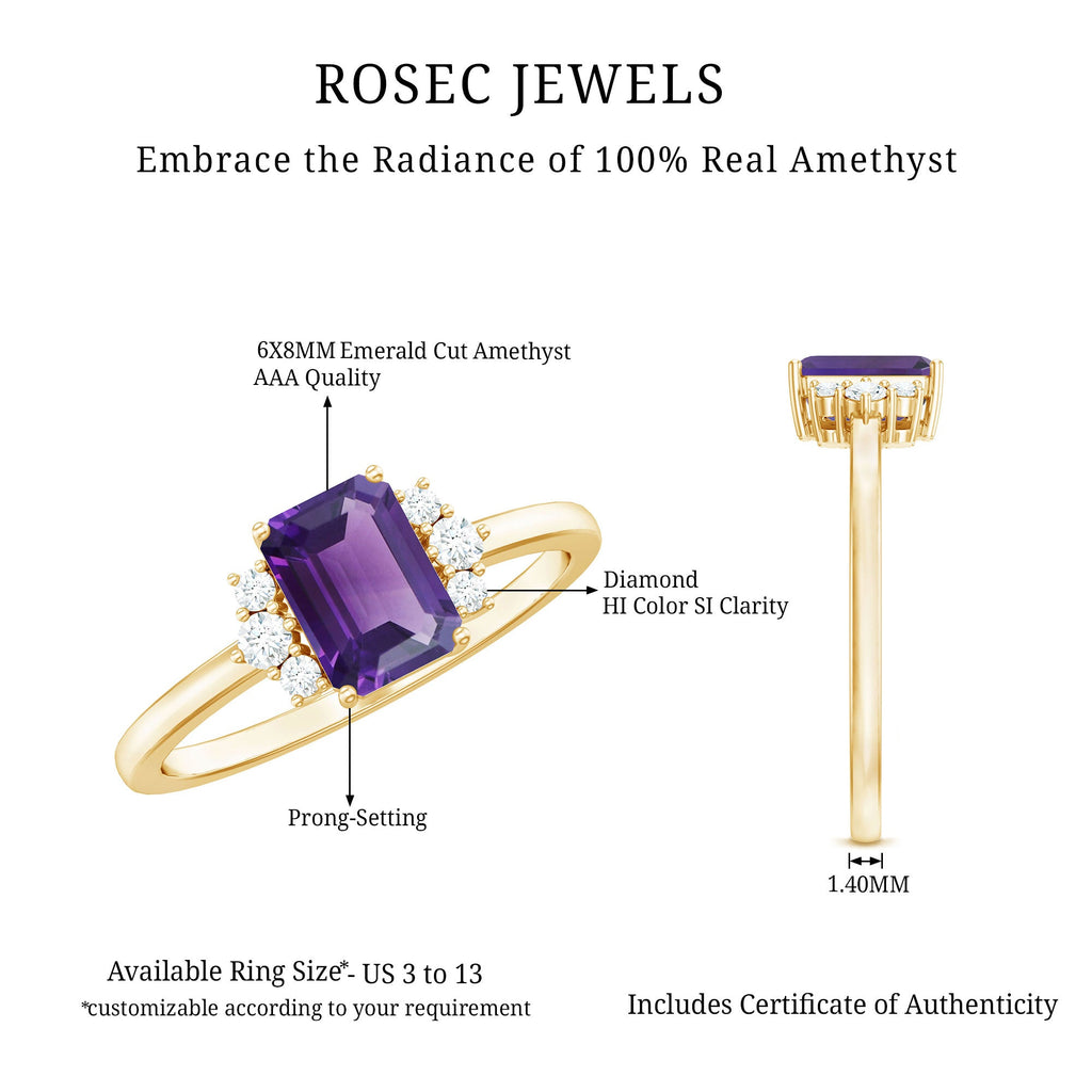 Octagon Cut Amethyst Solitaire Ring with Diamond Accent
