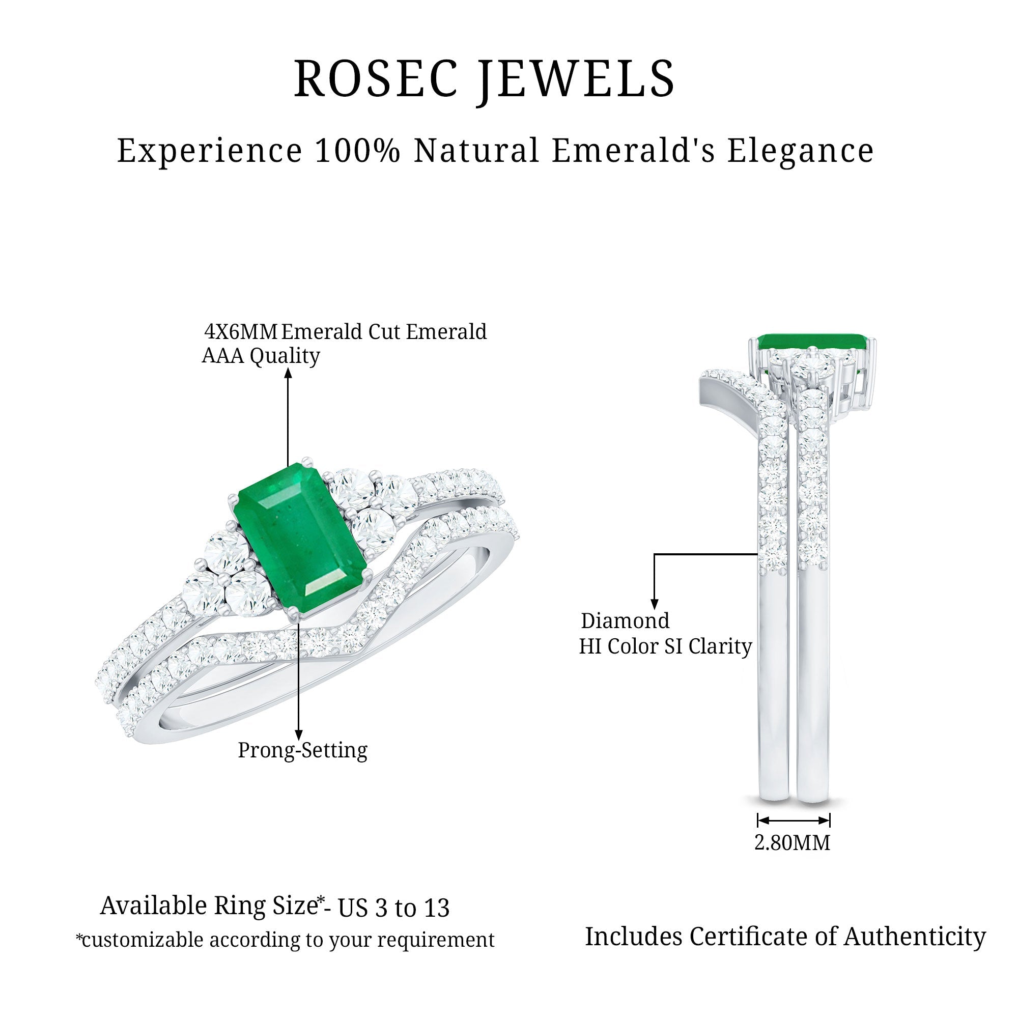 Genuine 0.6 Carat Emerald Cut Emerald Diamond Bridal Ring Set of 2