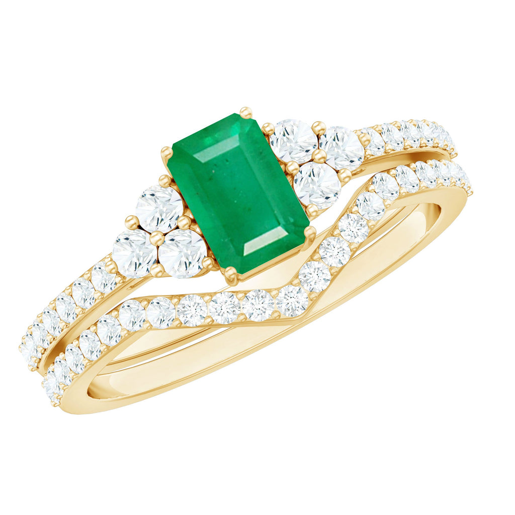 Genuine 0.6 Carat Emerald Cut Emerald Diamond Bridal Ring Set of 2