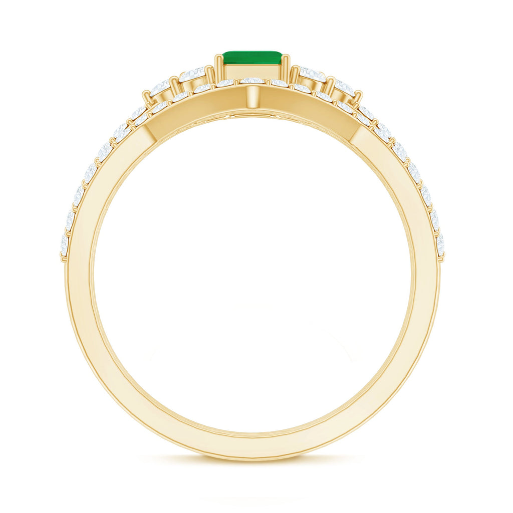 Genuine 0.6 Carat Emerald Cut Emerald Diamond Bridal Ring Set of 2