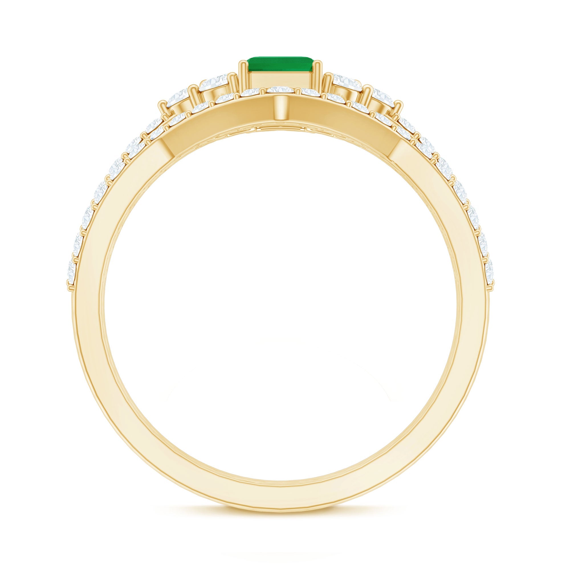 Genuine 0.6 Carat Emerald Cut Emerald Diamond Bridal Ring Set of 2