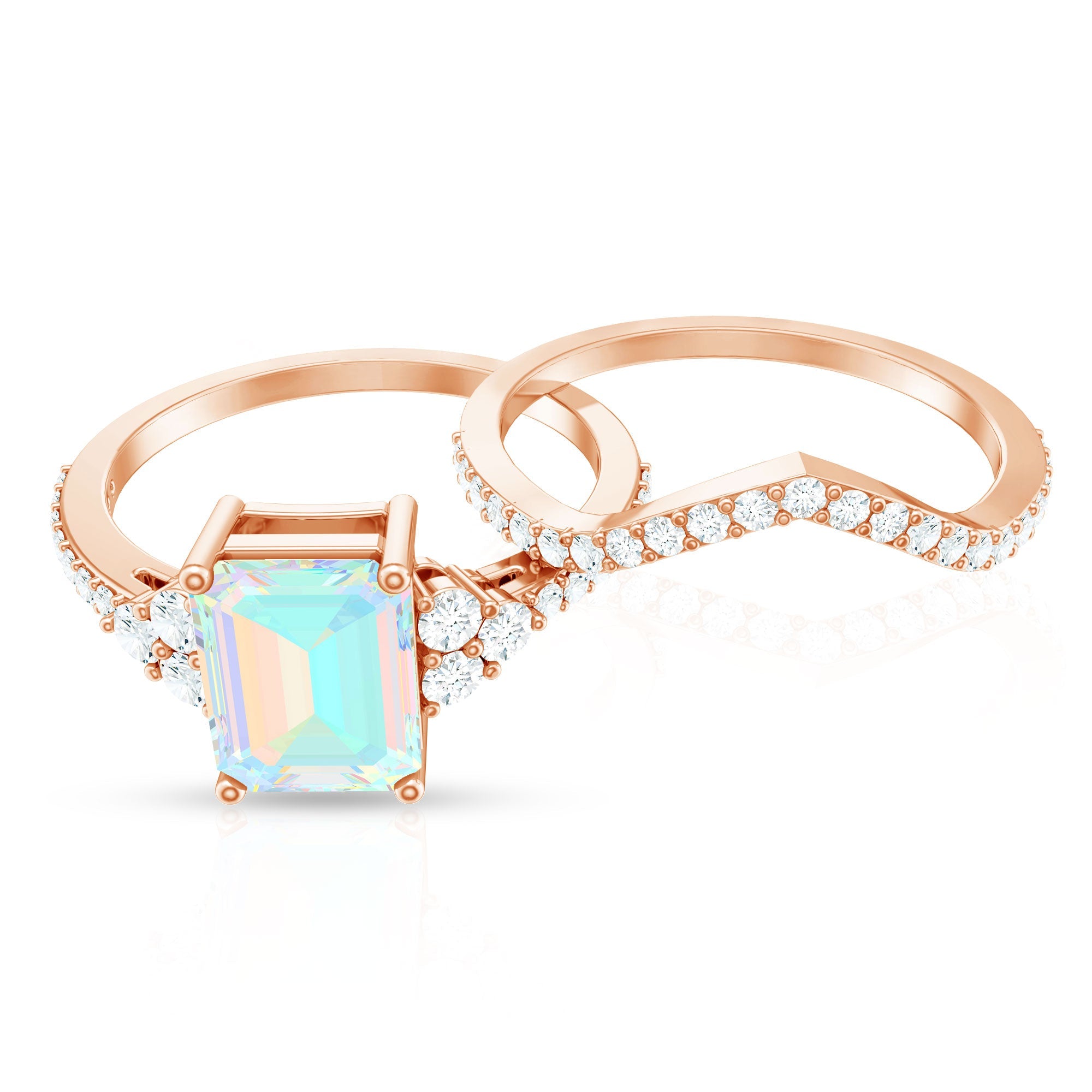 2 Carat Emerald Cut Ethiopian Opal Bridal Ring Set with Diamond Band