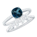 2.8 Carat Cushion Cut London Blue Topaz and Diamond Engagement Ring with Wedding Band