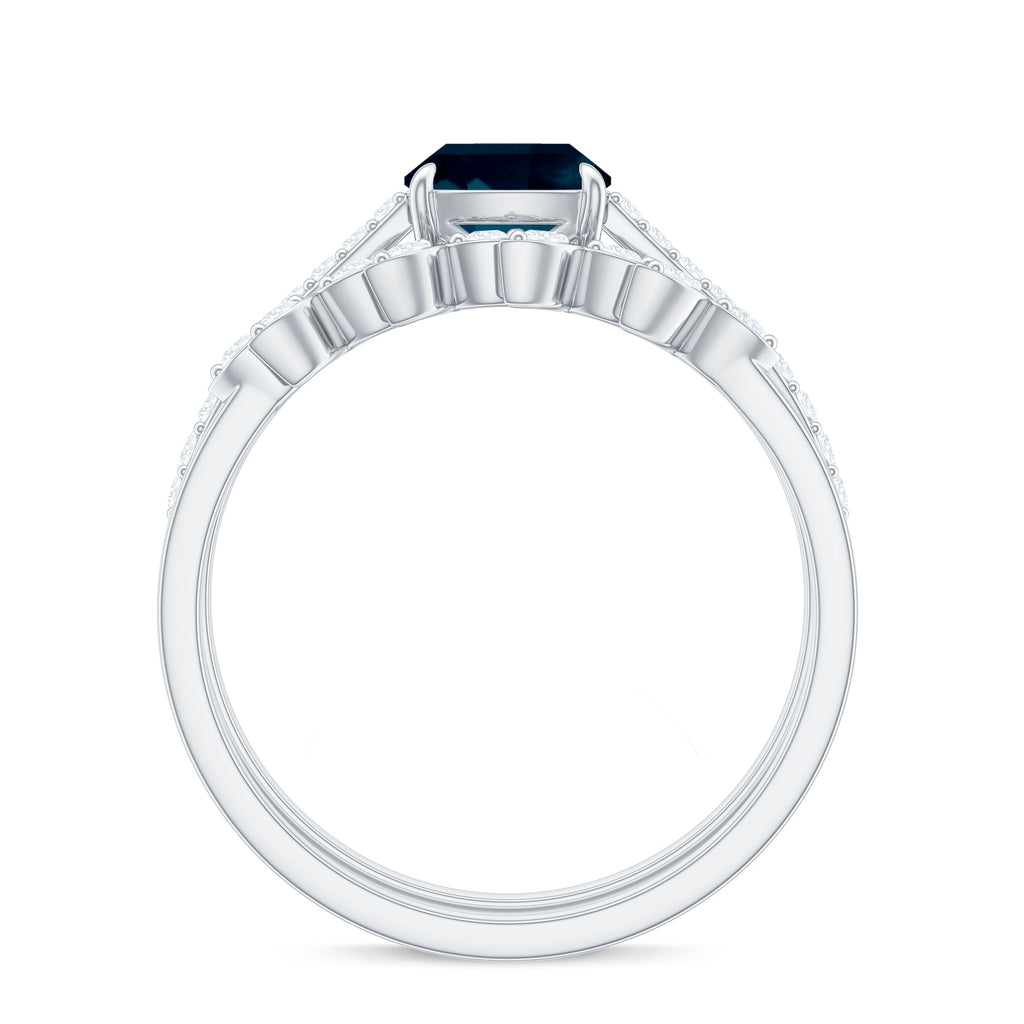 2.8 Carat Cushion Cut London Blue Topaz and Diamond Engagement Ring with Wedding Band