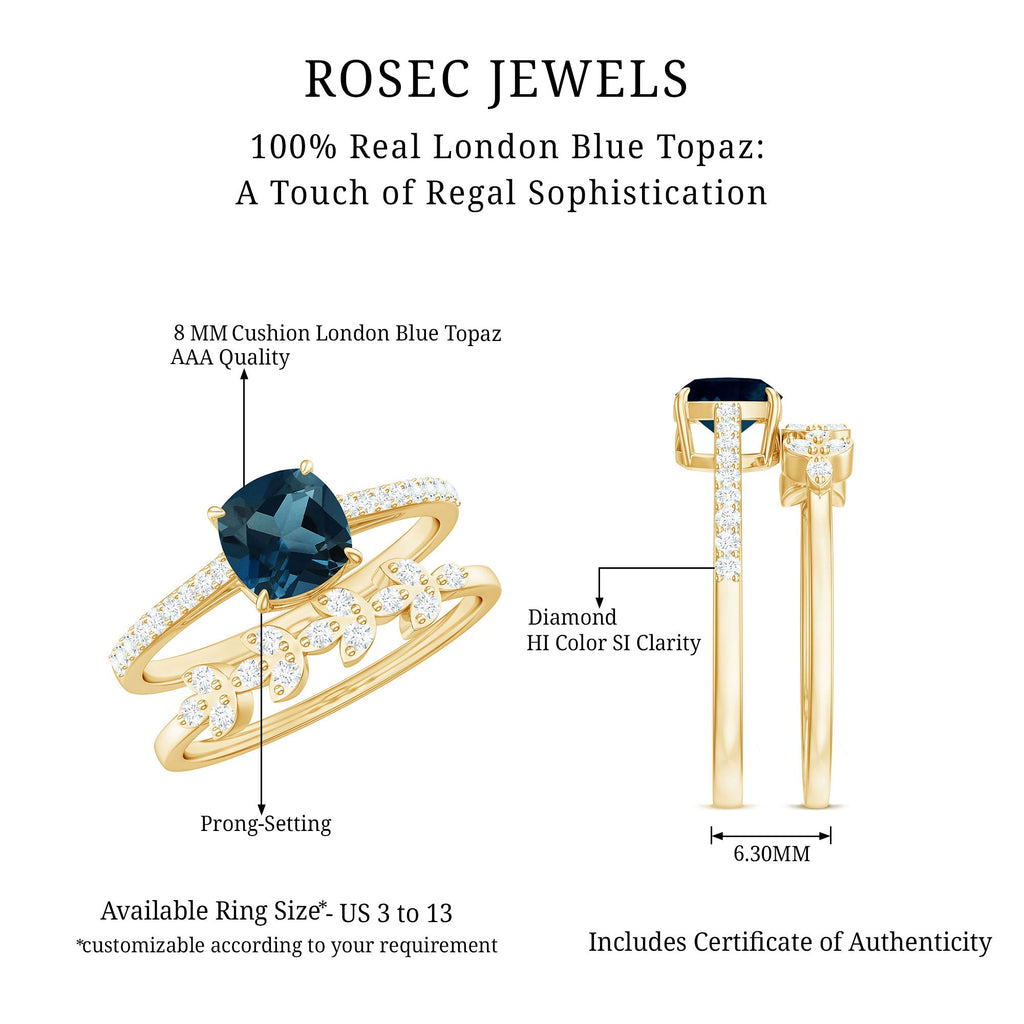 2.8 Carat Cushion Cut London Blue Topaz and Diamond Engagement Ring with Wedding Band