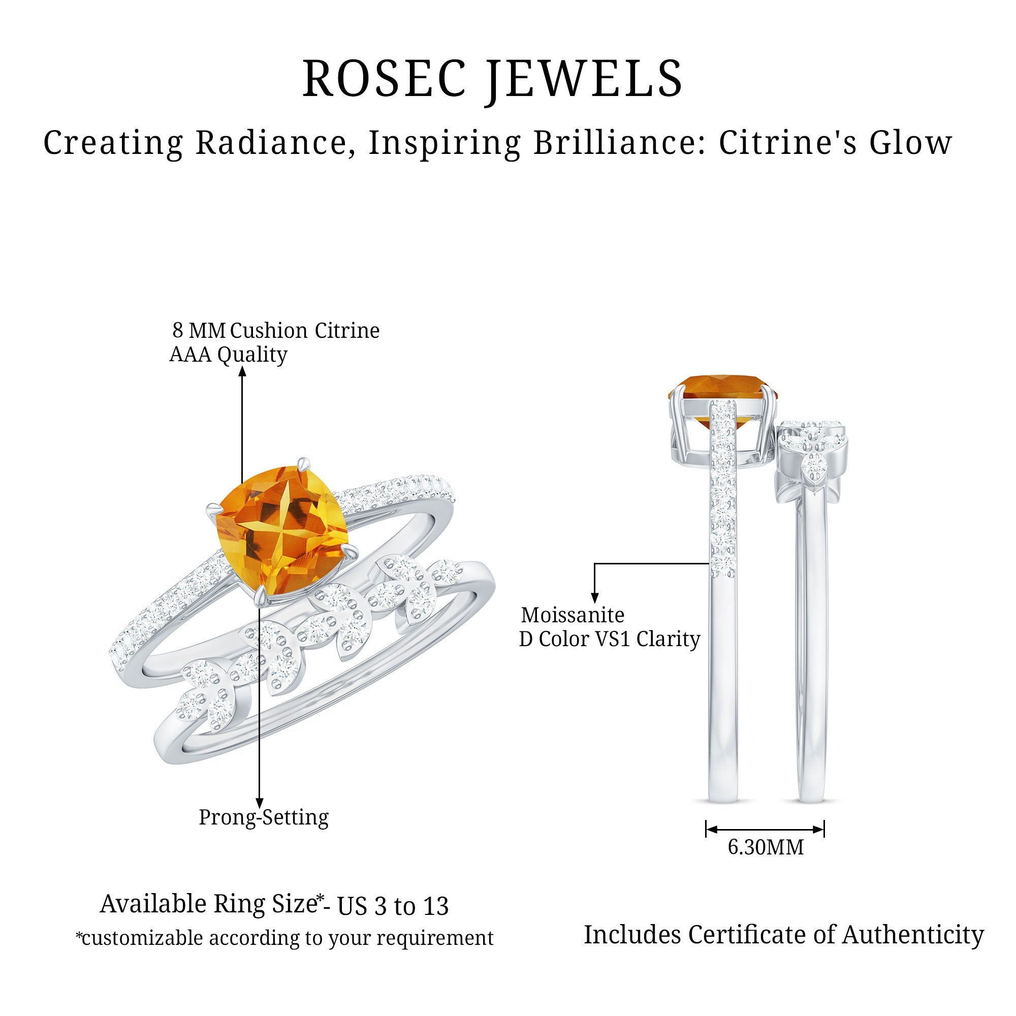 Certified 2.2 Carat Citrine and Diamond Wedding Bridal Ring Set of 2