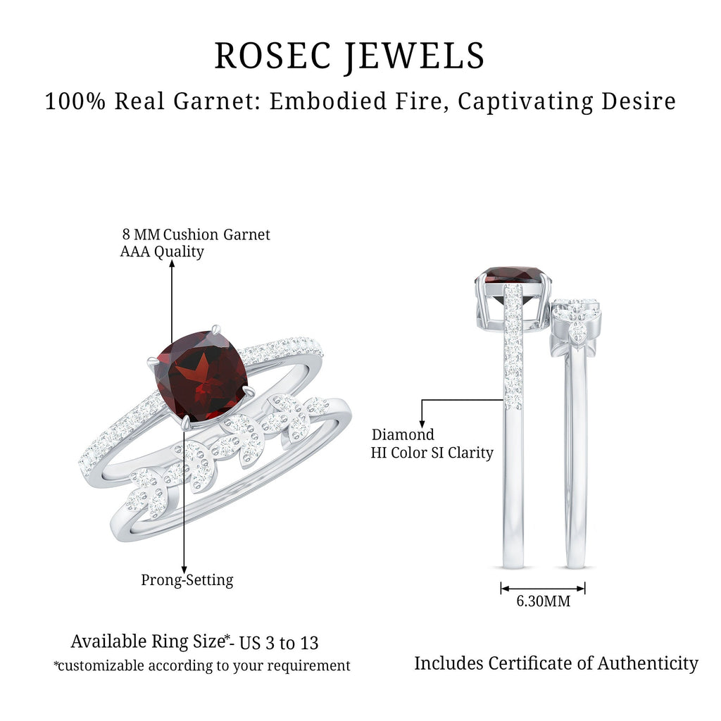 3.2 Carat Natural Cushion Cut Garnet Diamond Wedding Bridal Ring Set of 2