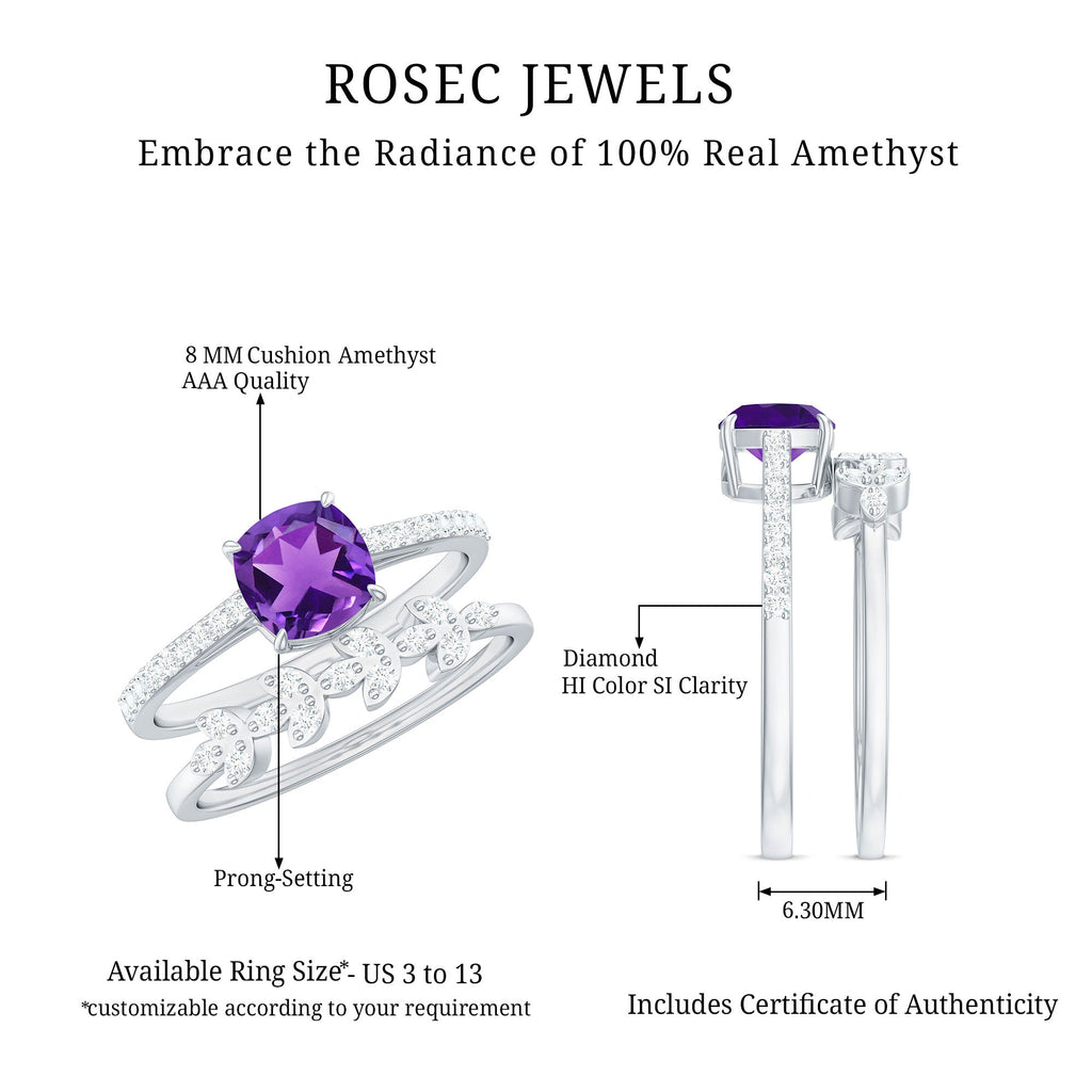 Natural 2 Carat Cushion Cut Amethyst Wedding Bridal Ring Set with Diamond