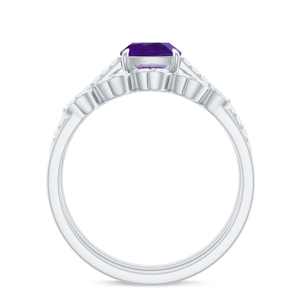 Natural 2 Carat Cushion Cut Amethyst Wedding Bridal Ring Set with Diamond