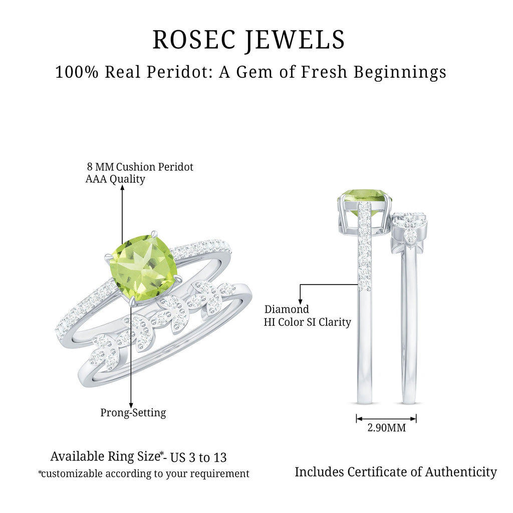 Certified Real 2 Carat Cushion Cut Peridot Engagement Ring with Diamond Enhancer