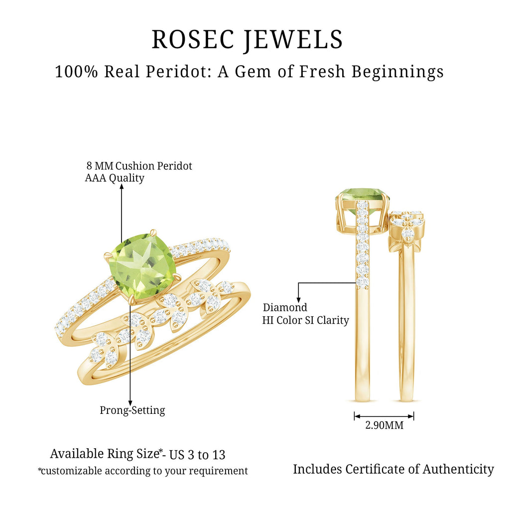 Certified Real 2 Carat Cushion Cut Peridot Engagement Ring with Diamond Enhancer