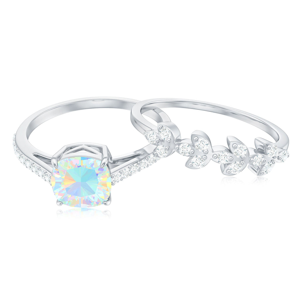 0.8 Carat Cushion Cut Ethiopian Opal Solitaire Ring Set with Diamond Stackable Band