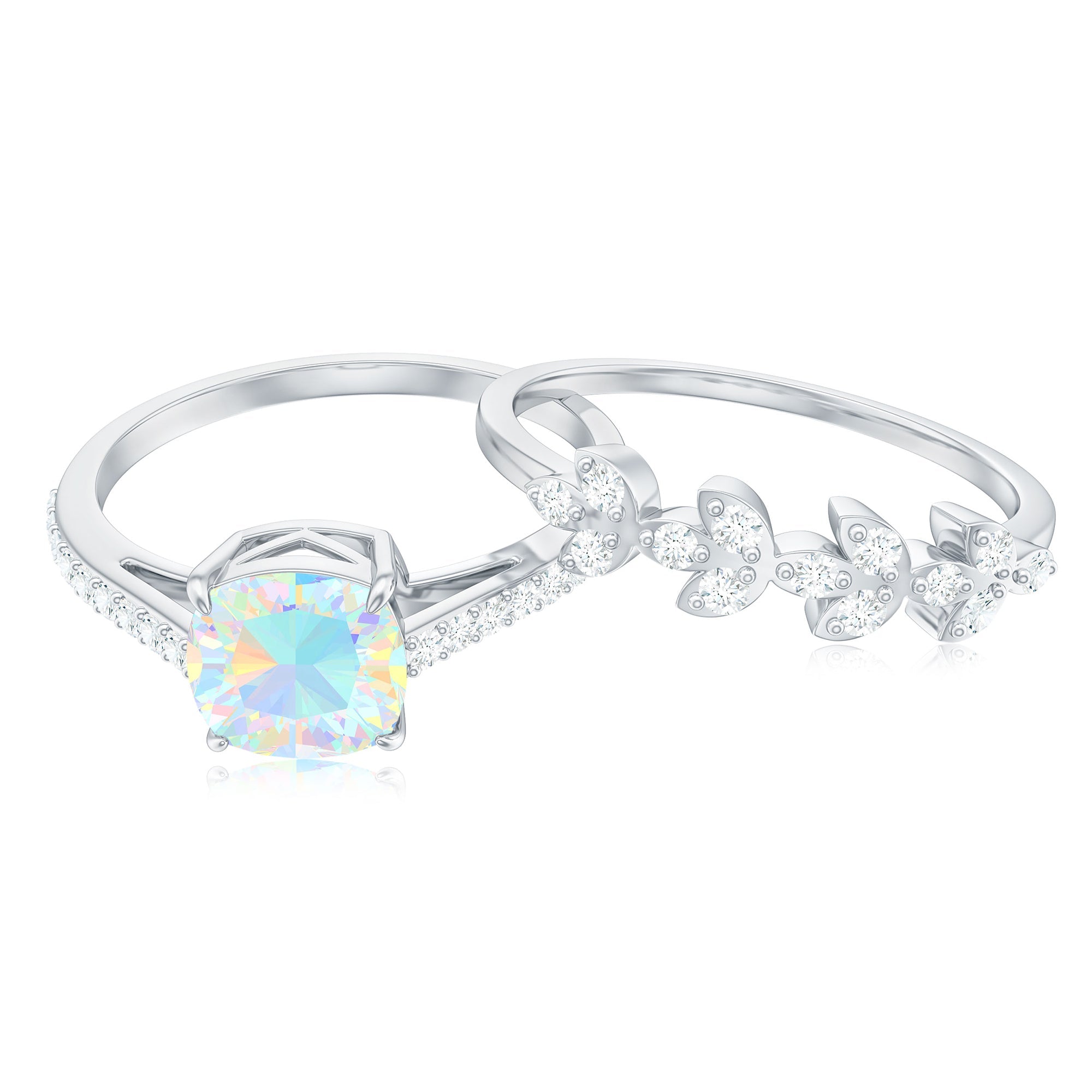 0.8 Carat Cushion Cut Ethiopian Opal Solitaire Ring Set with Diamond Stackable Band
