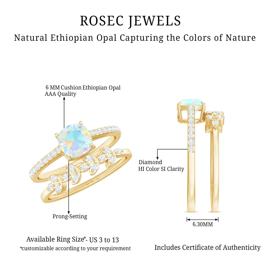 0.8 Carat Cushion Cut Ethiopian Opal Solitaire Ring Set with Diamond Stackable Band