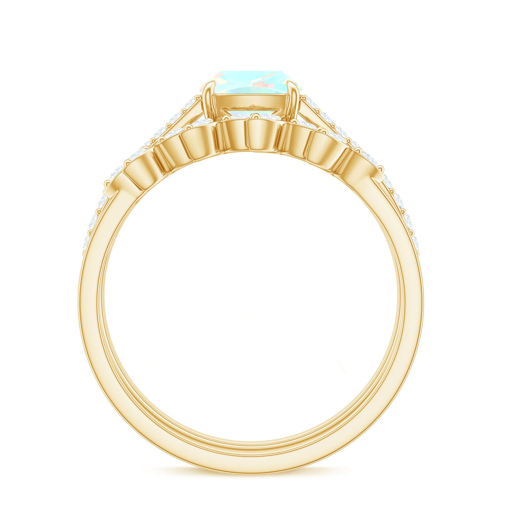 0.8 Carat Cushion Cut Ethiopian Opal Solitaire Ring Set with Diamond Stackable Band