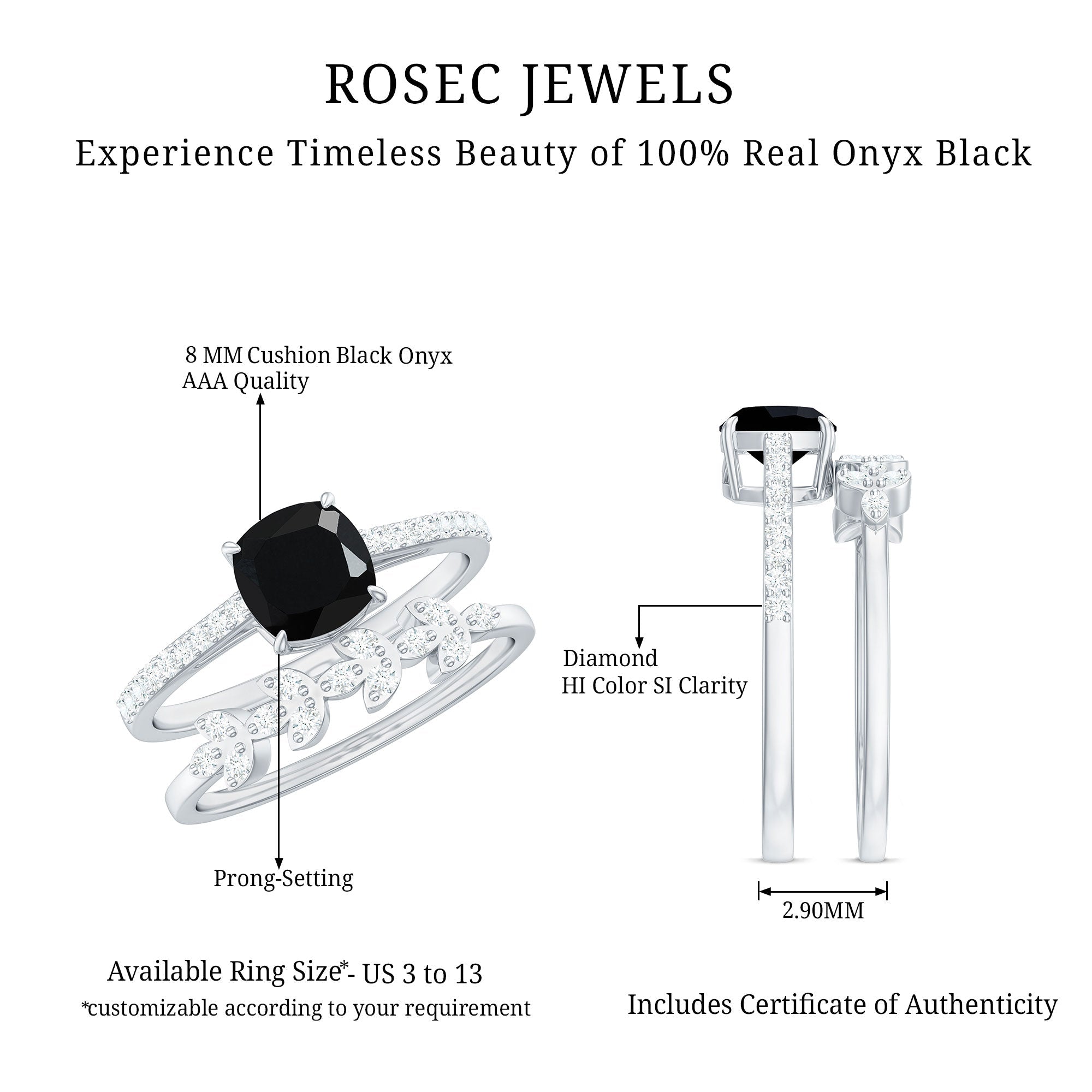 Cushion Cut Black Onyx and Diamond Engagement Ring with Leaf Wedding Band