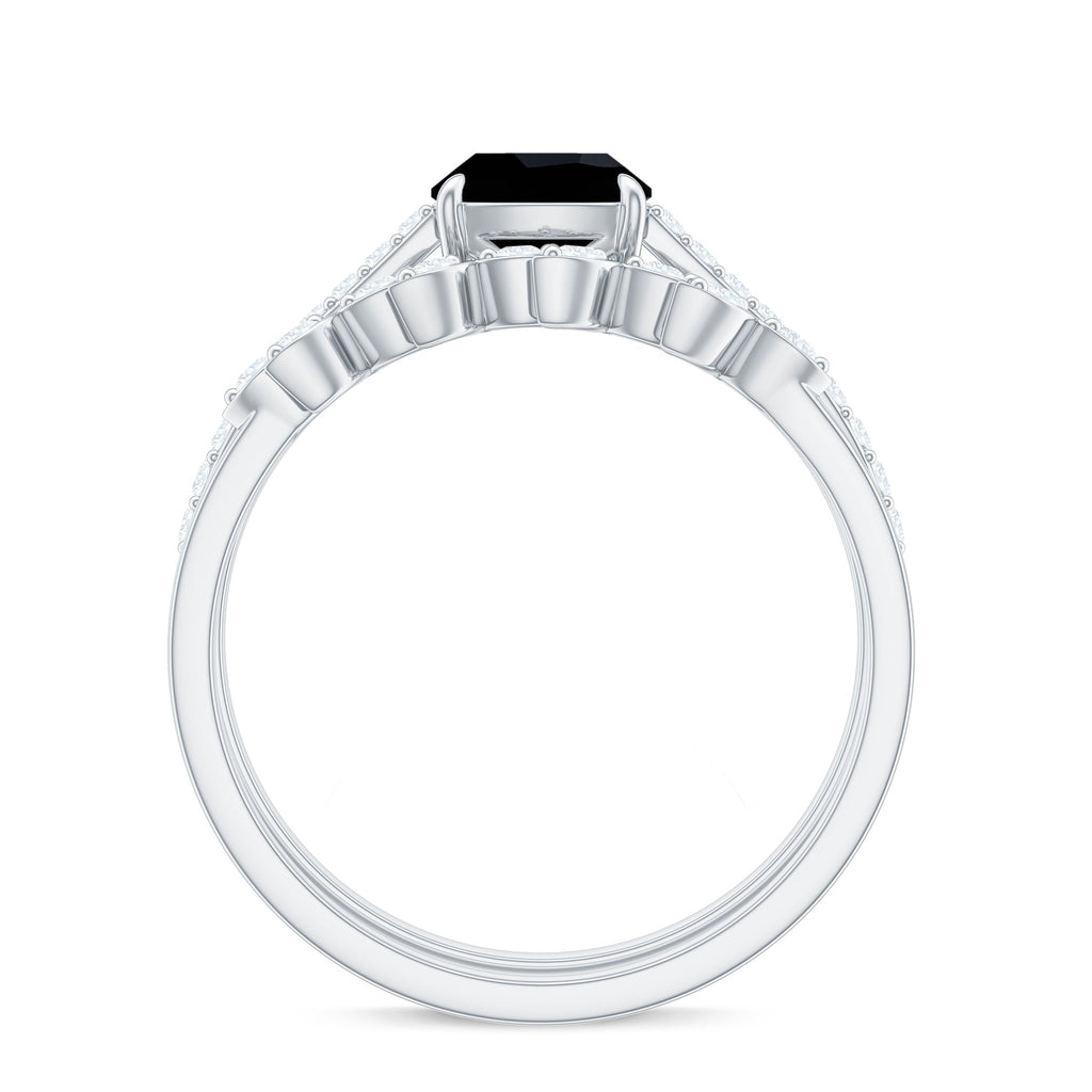 Cushion Cut Black Onyx and Diamond Engagement Ring with Leaf Wedding Band