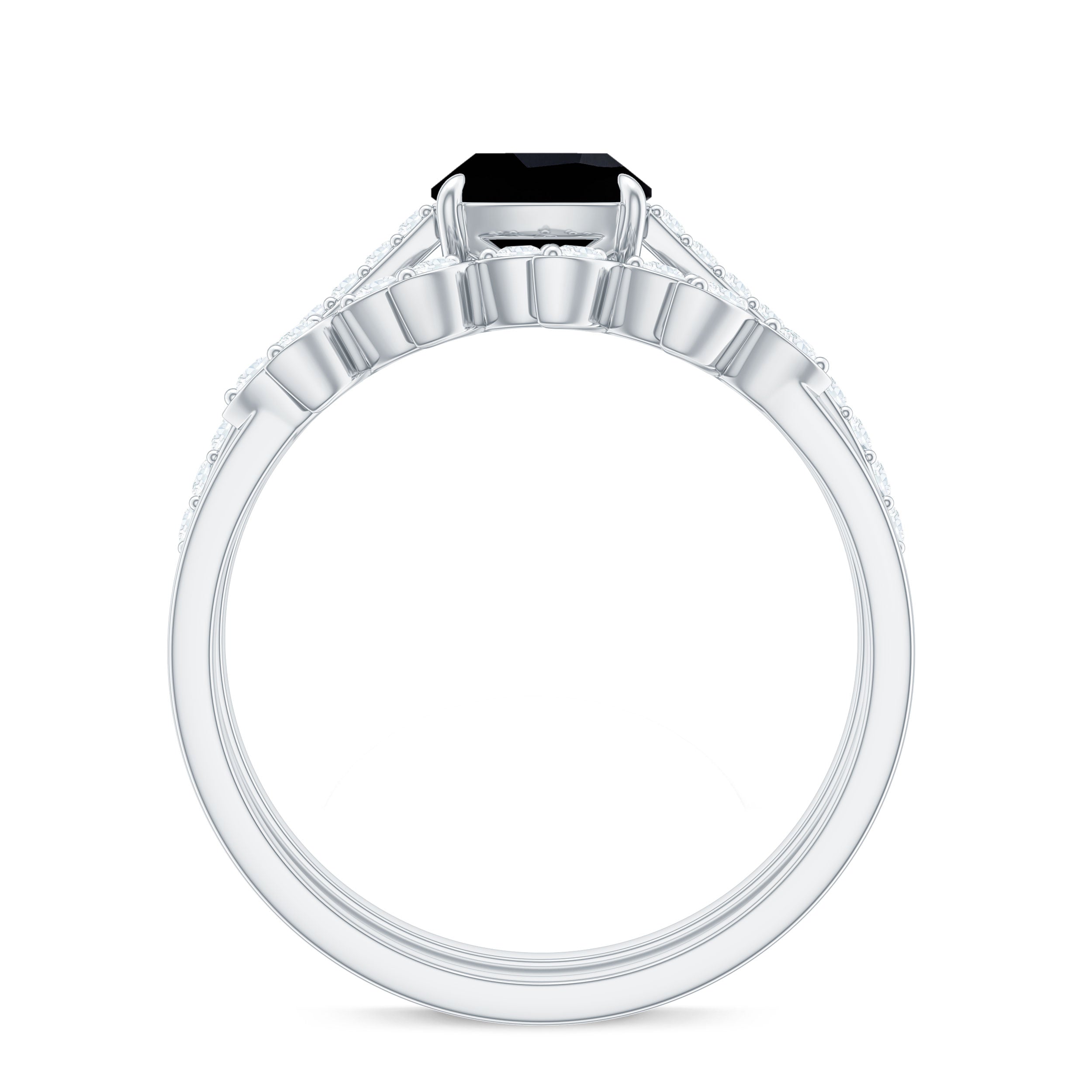 Cushion Cut Black Onyx and Diamond Engagement Ring with Leaf Wedding Band