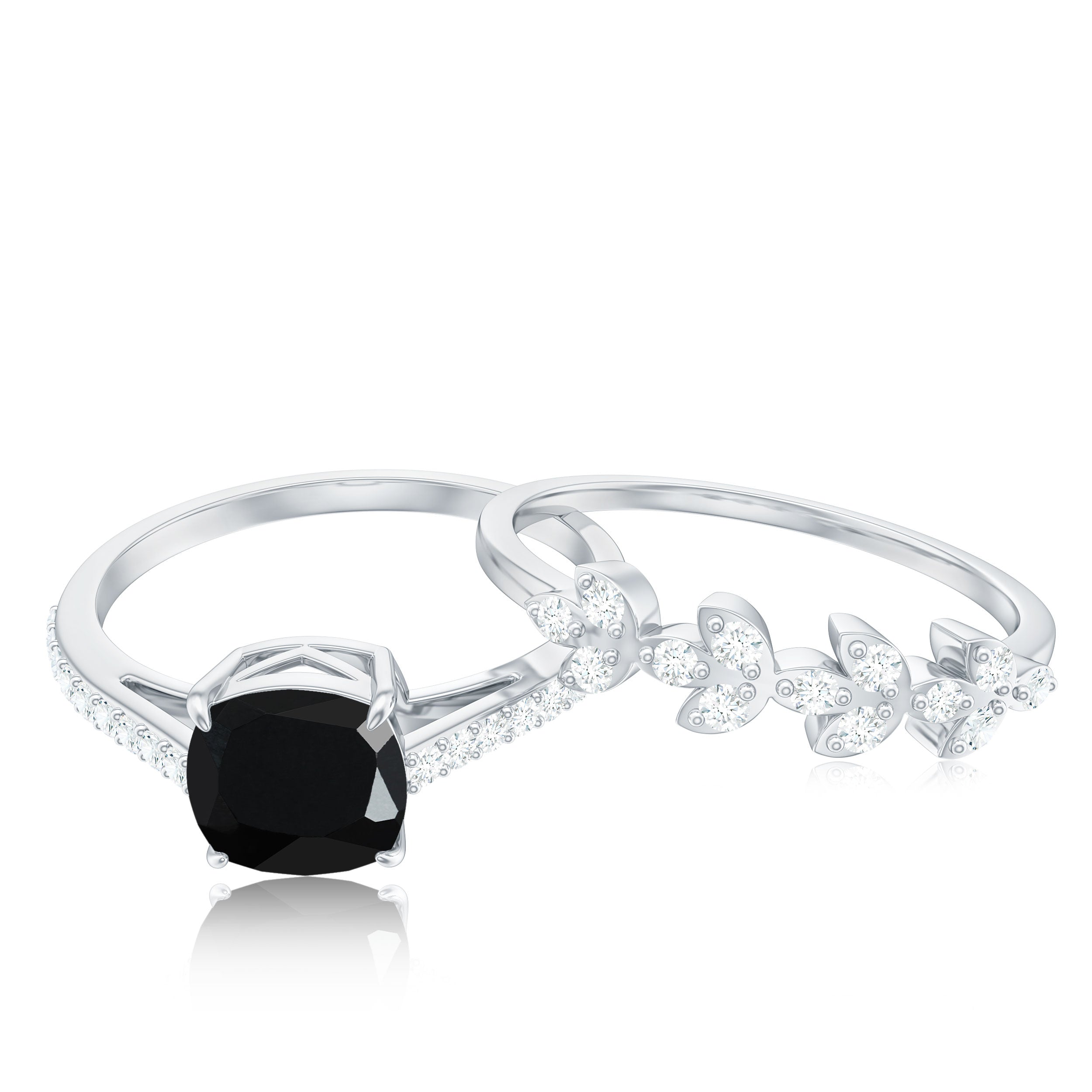 Cushion Cut Black Onyx and Diamond Engagement Ring with Leaf Wedding Band