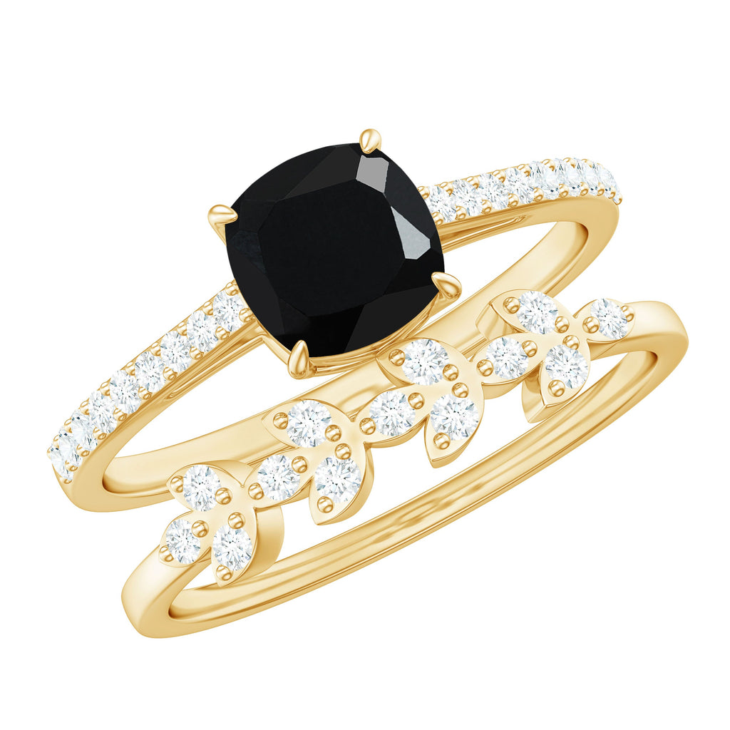 Cushion Cut Black Onyx and Diamond Engagement Ring with Leaf Wedding Band