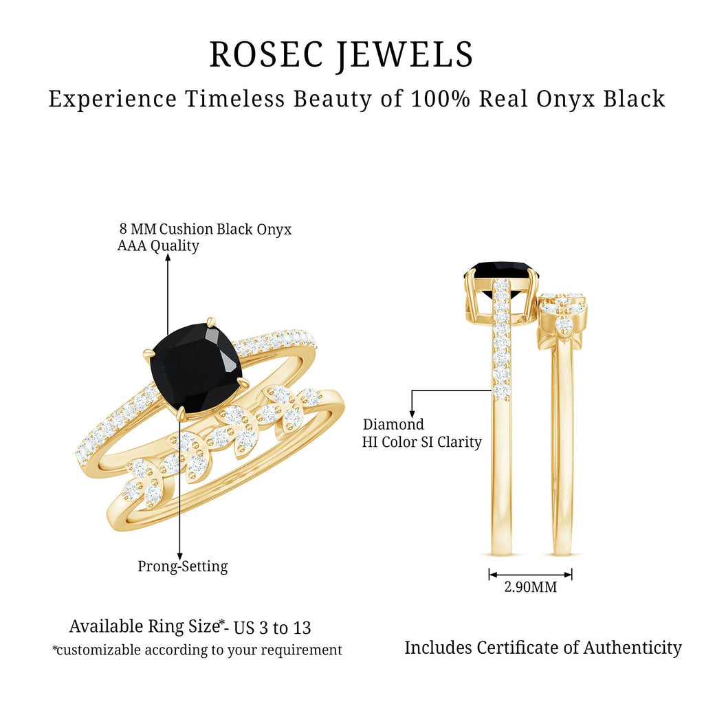 Cushion Cut Black Onyx and Diamond Engagement Ring with Leaf Wedding Band