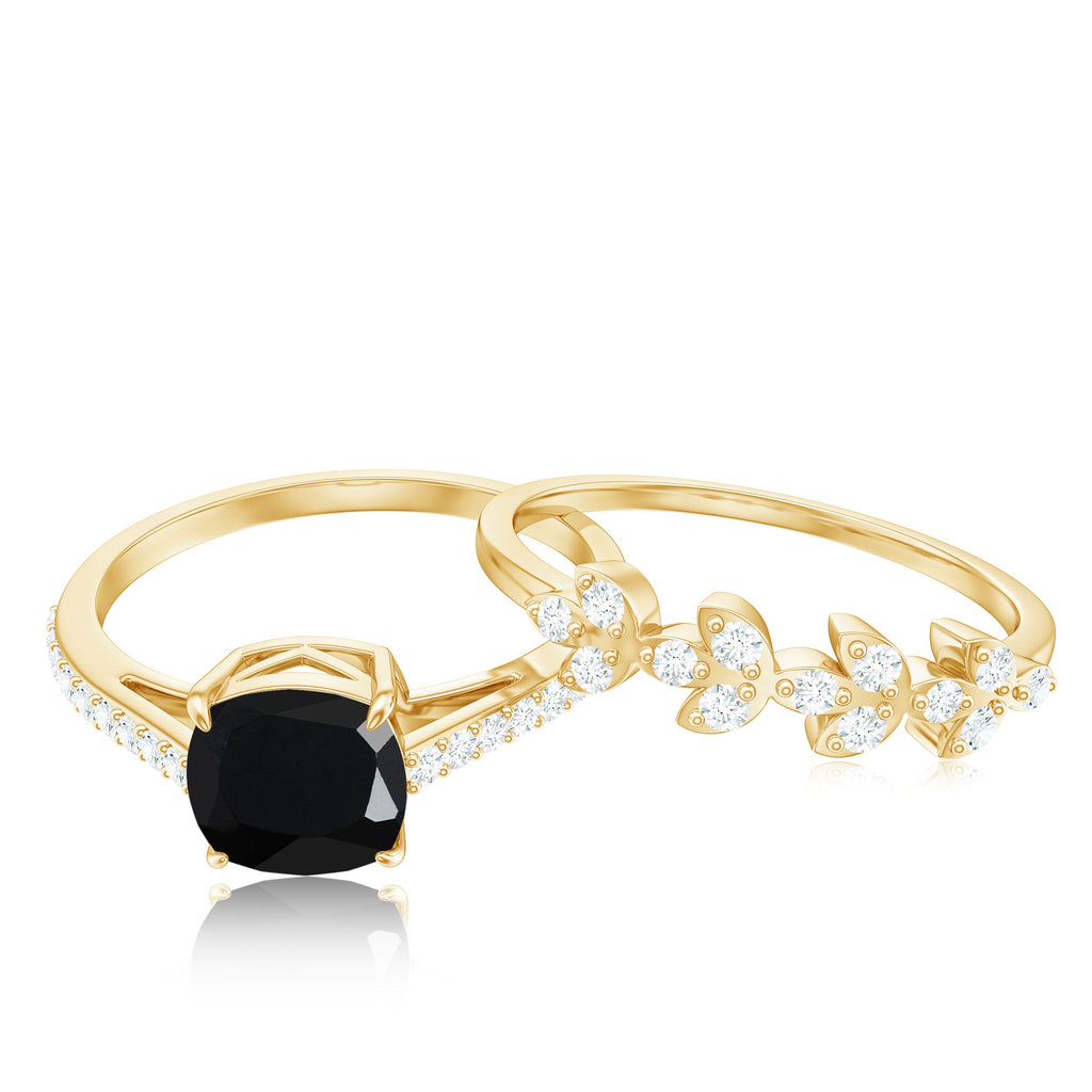 Cushion Cut Black Onyx and Diamond Engagement Ring with Leaf Wedding Band