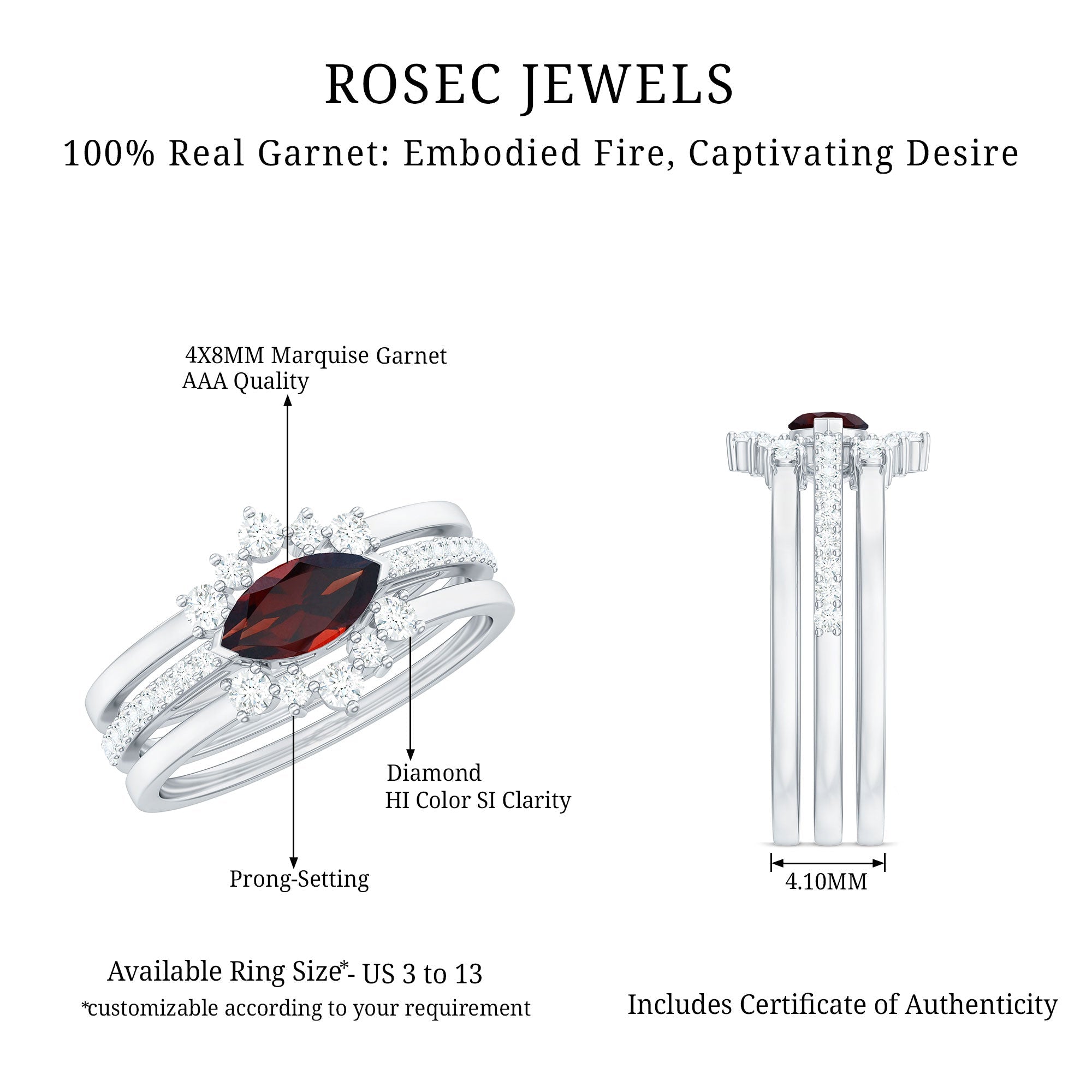 Natural 0.7 Carat Garnet Marquise Engagement Wedding Ring Set of 3 with Diamond