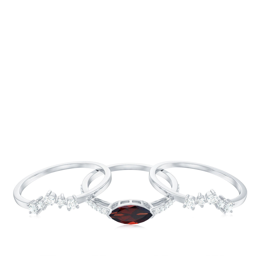 Natural 0.7 Carat Garnet Marquise Engagement Wedding Ring Set of 3 with Diamond