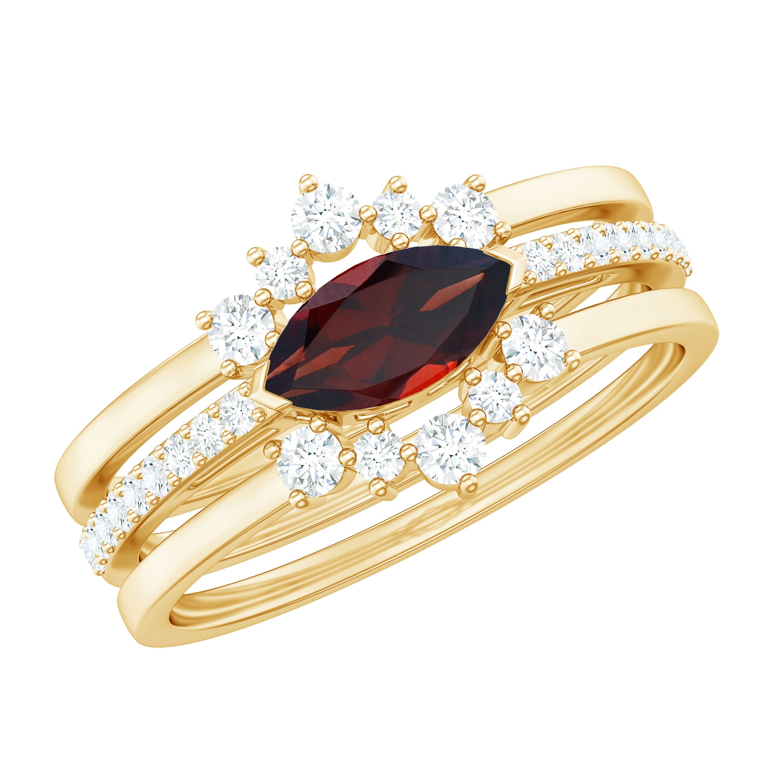 Natural 0.7 Carat Garnet Marquise Engagement Wedding Ring Set of 3 with Diamond