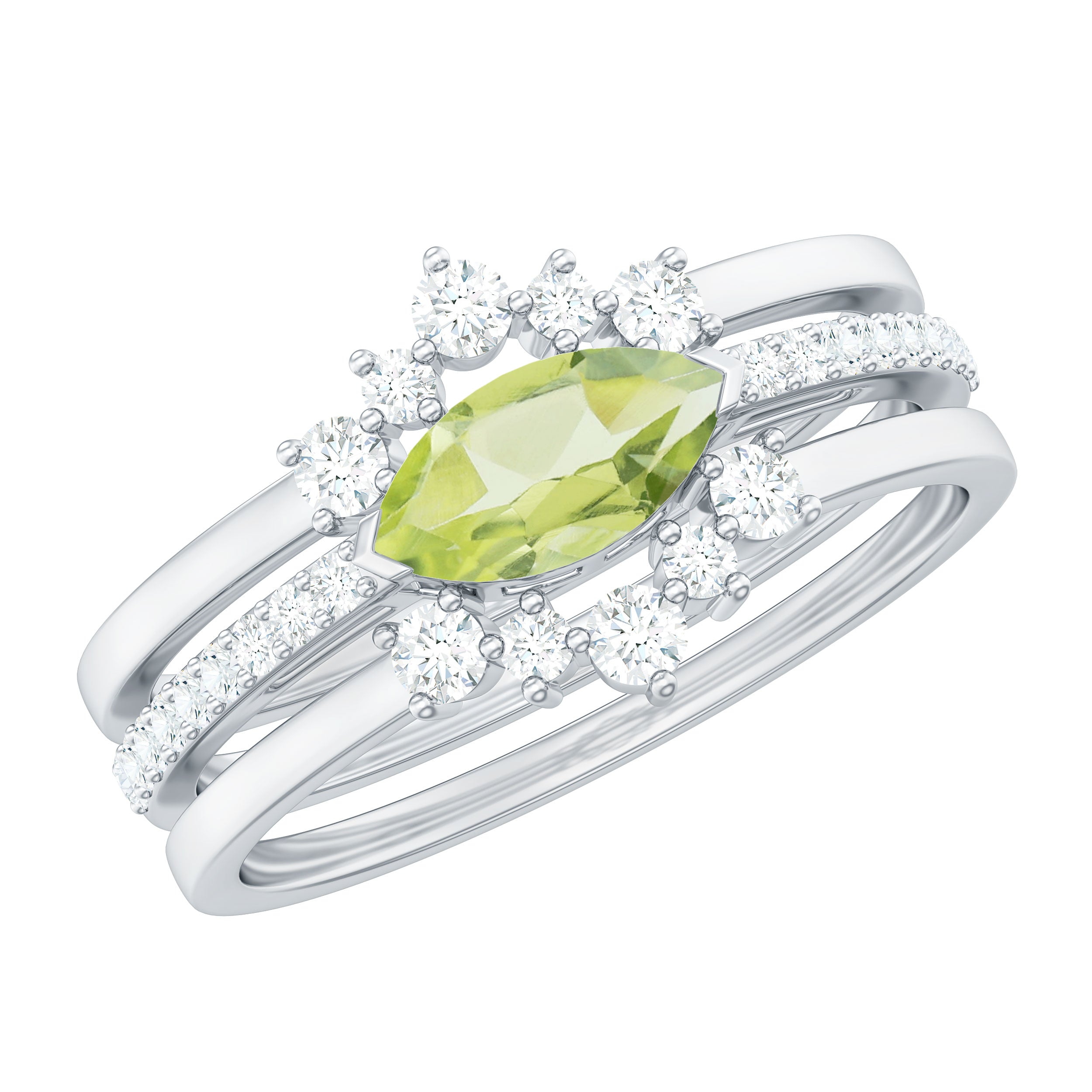 0.7 Carat East West Style Peridot 3 Piece Bridal Ring Set with Diamond