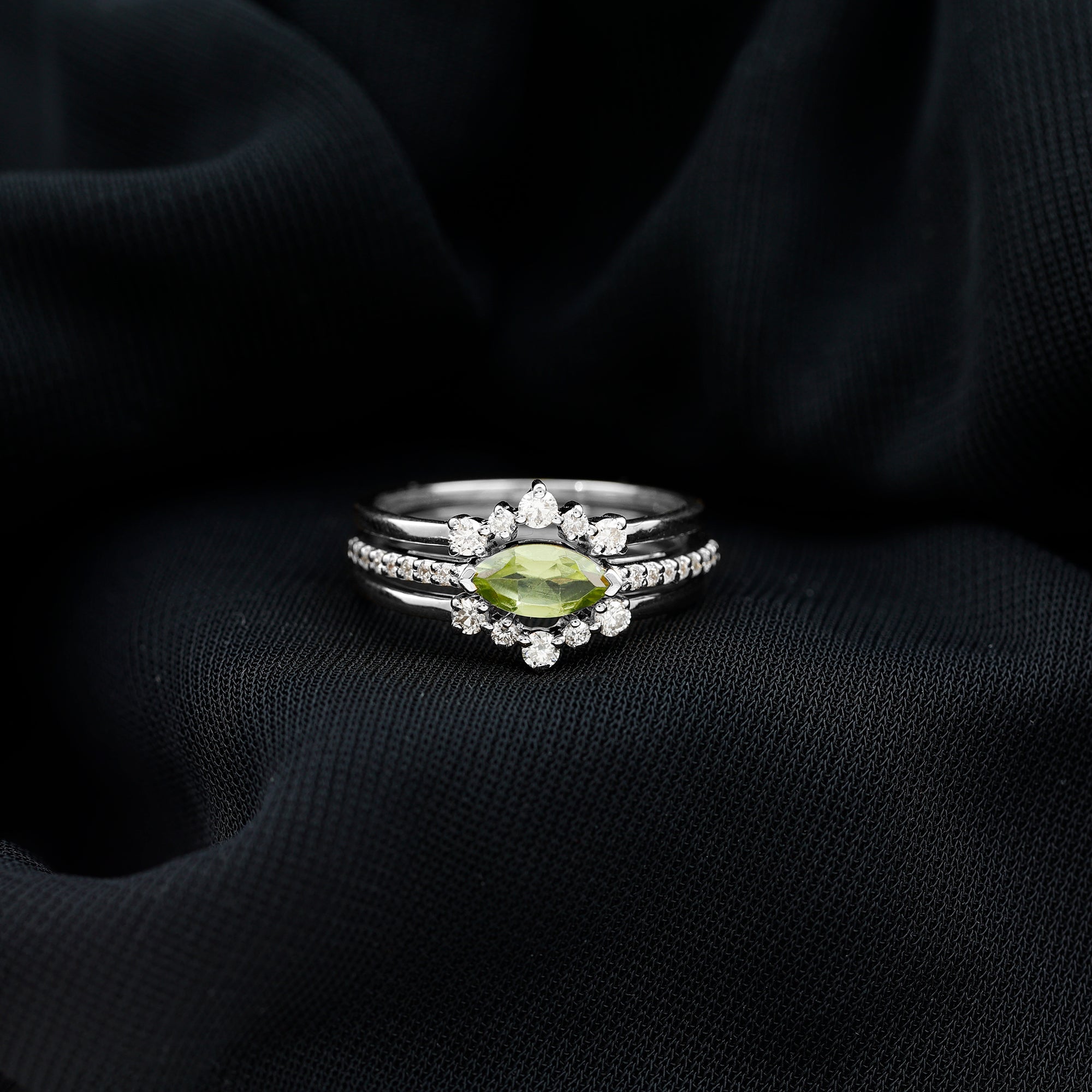 0.7 Carat East West Style Peridot 3 Piece Bridal Ring Set with Diamond