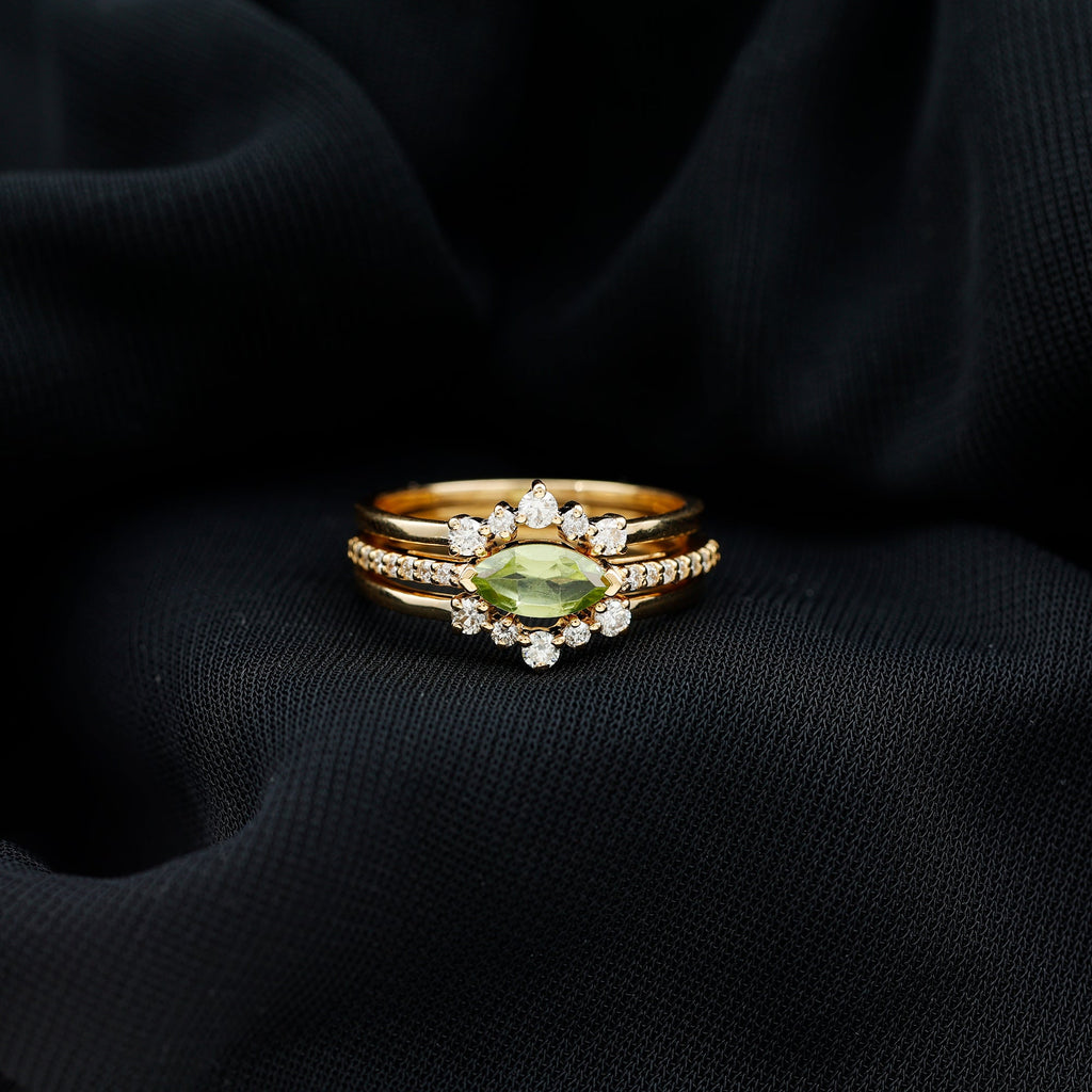 0.7 Carat East West Style Peridot 3 Piece Bridal Ring Set with Diamond