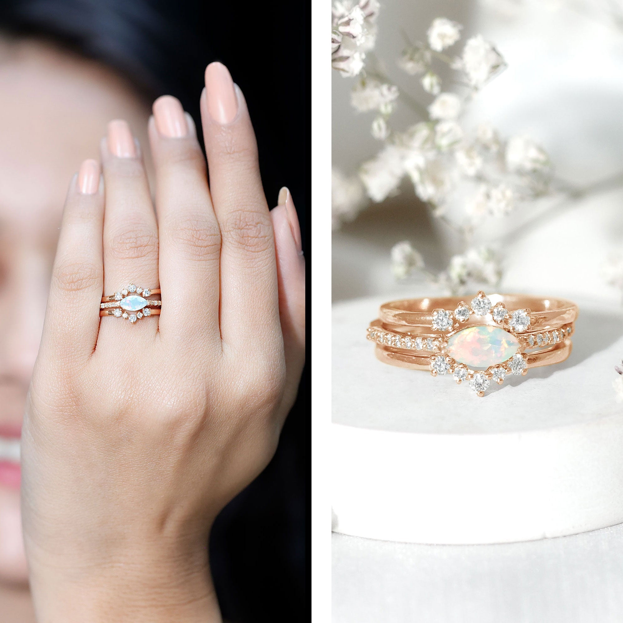 Certified Real Ethiopian Opal Diamond Wedding Bridal Ring Set of 3