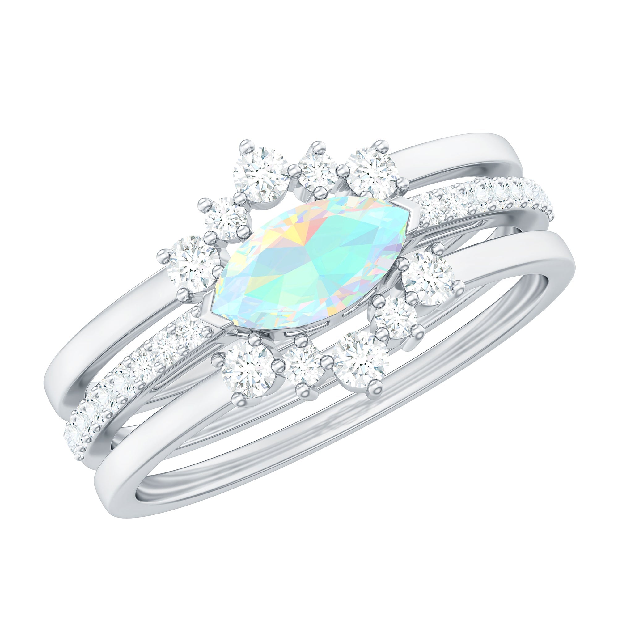 Certified Real Ethiopian Opal Diamond Wedding Bridal Ring Set of 3