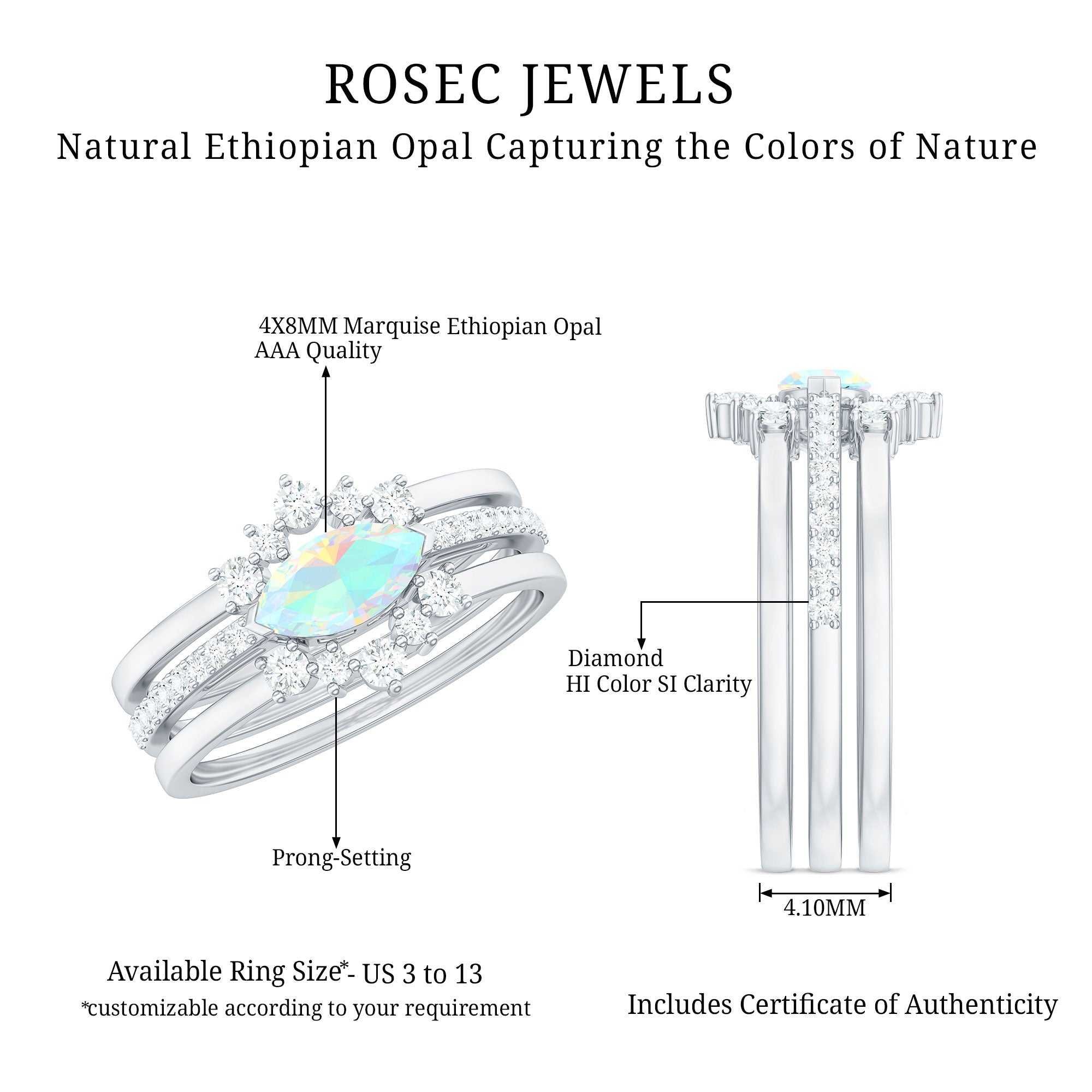 Certified Real Ethiopian Opal Diamond Wedding Bridal Ring Set of 3