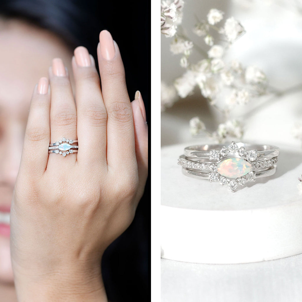 Certified Real Ethiopian Opal Diamond Wedding Bridal Ring Set of 3