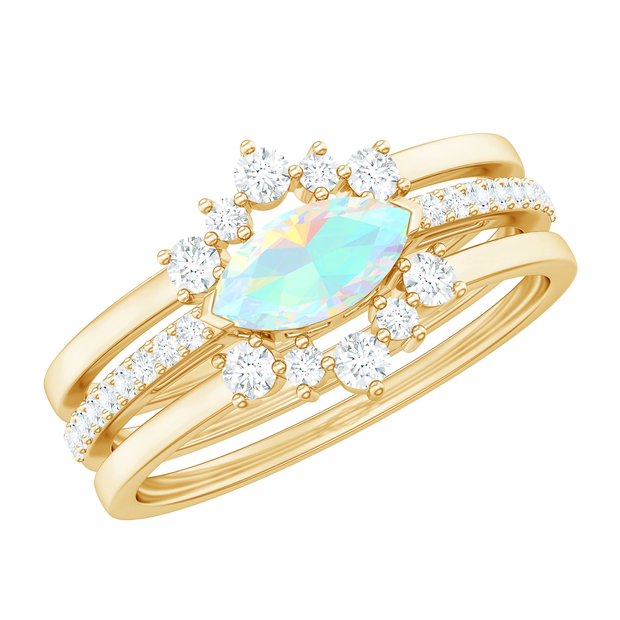 Certified Real Ethiopian Opal Diamond Wedding Bridal Ring Set of 3