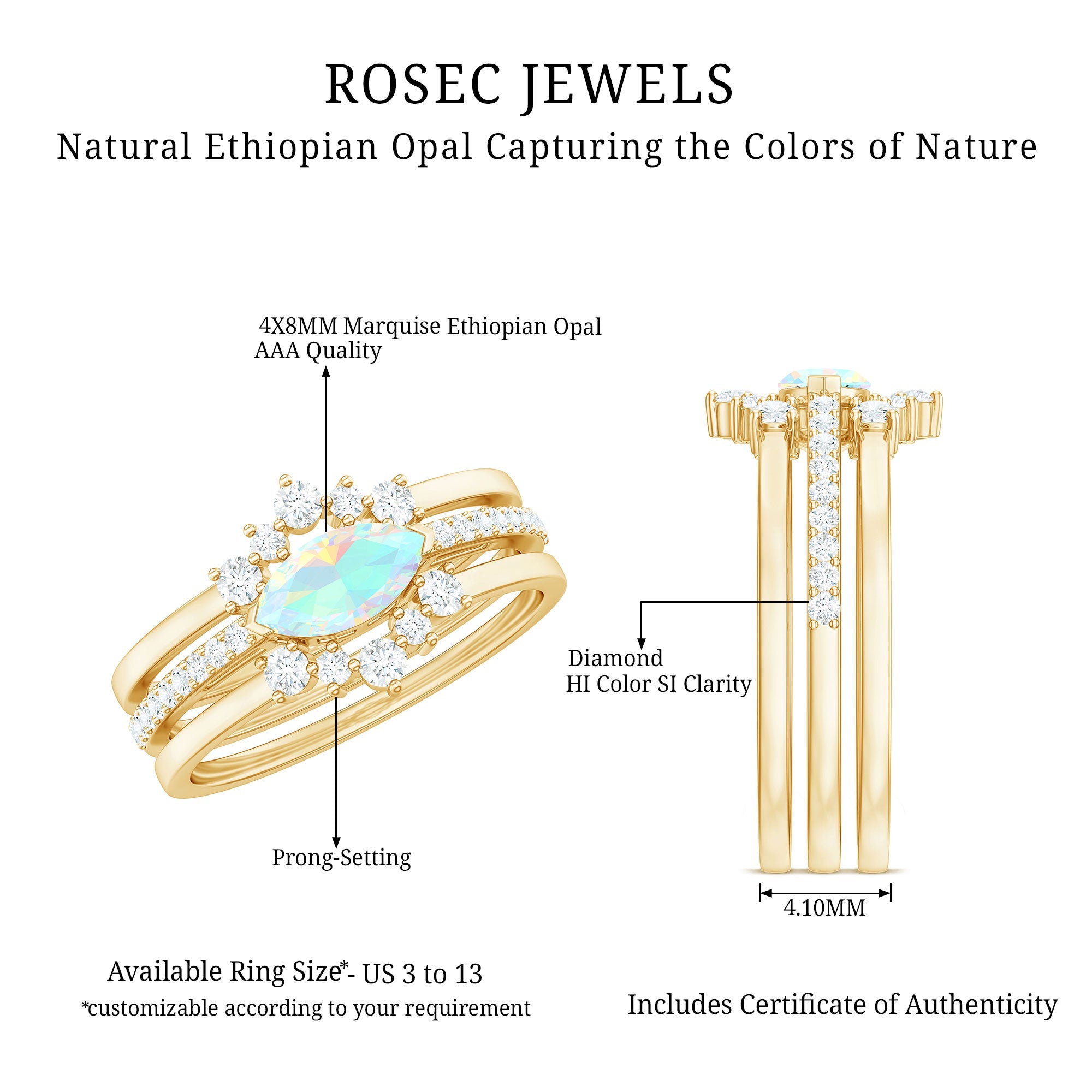 Certified Real Ethiopian Opal Diamond Wedding Bridal Ring Set of 3