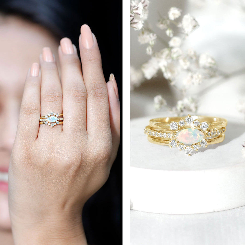 Certified Real Ethiopian Opal Diamond Wedding Bridal Ring Set of 3