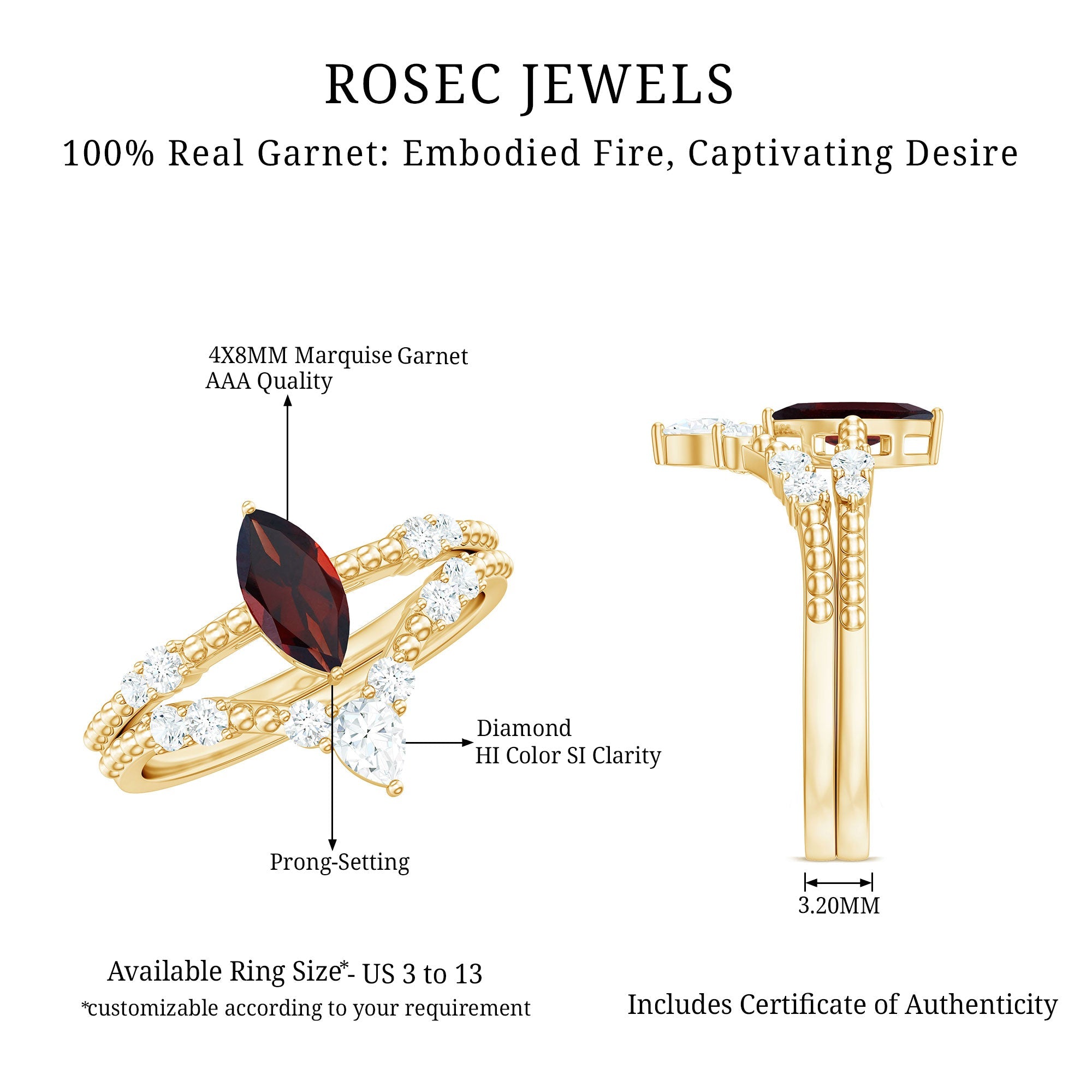 Certified Real Marquise Garnet Diamond Wedding Bridal Ring Set