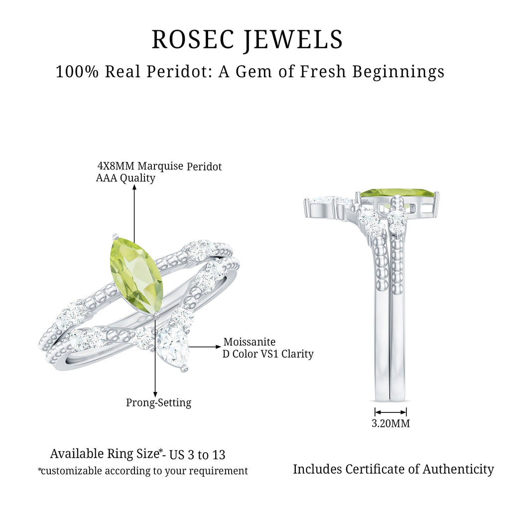Natural Peridot Marquise Engagement Ring With Wedding Band