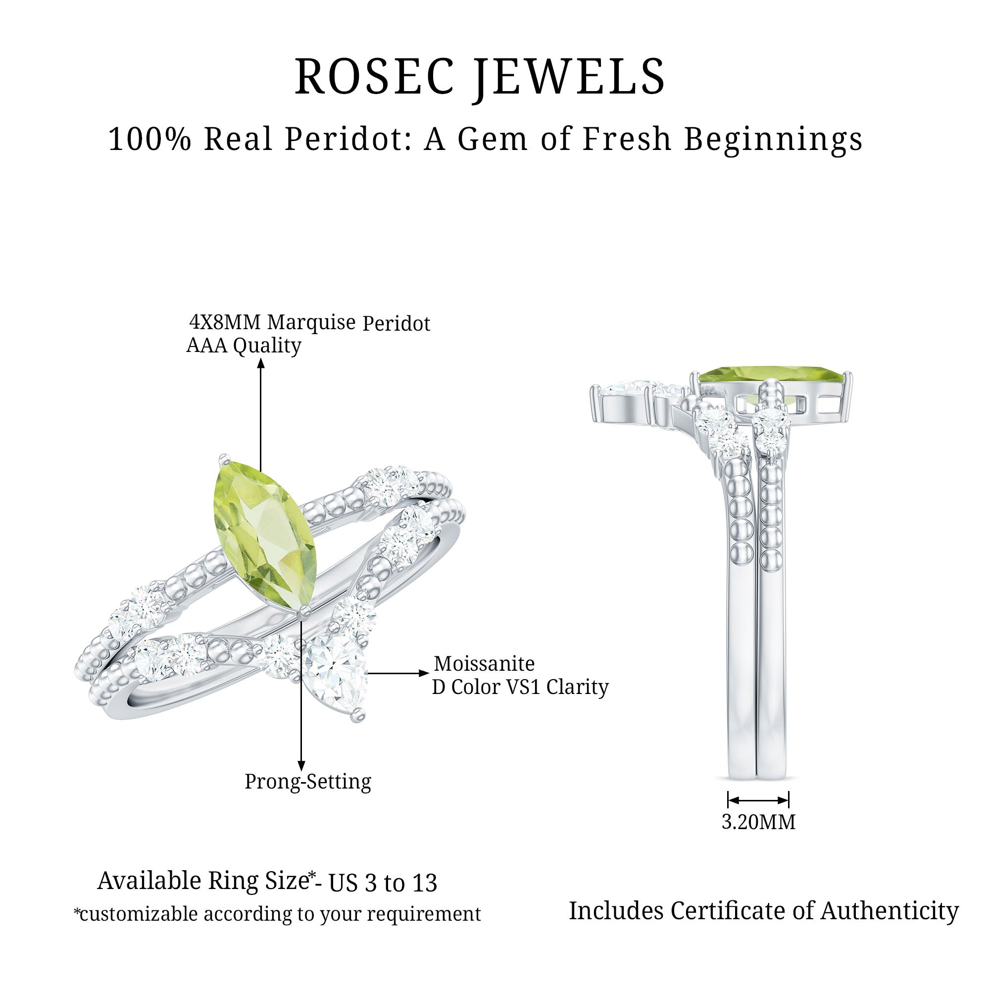 Natural Peridot Marquise Engagement Ring With Wedding Band