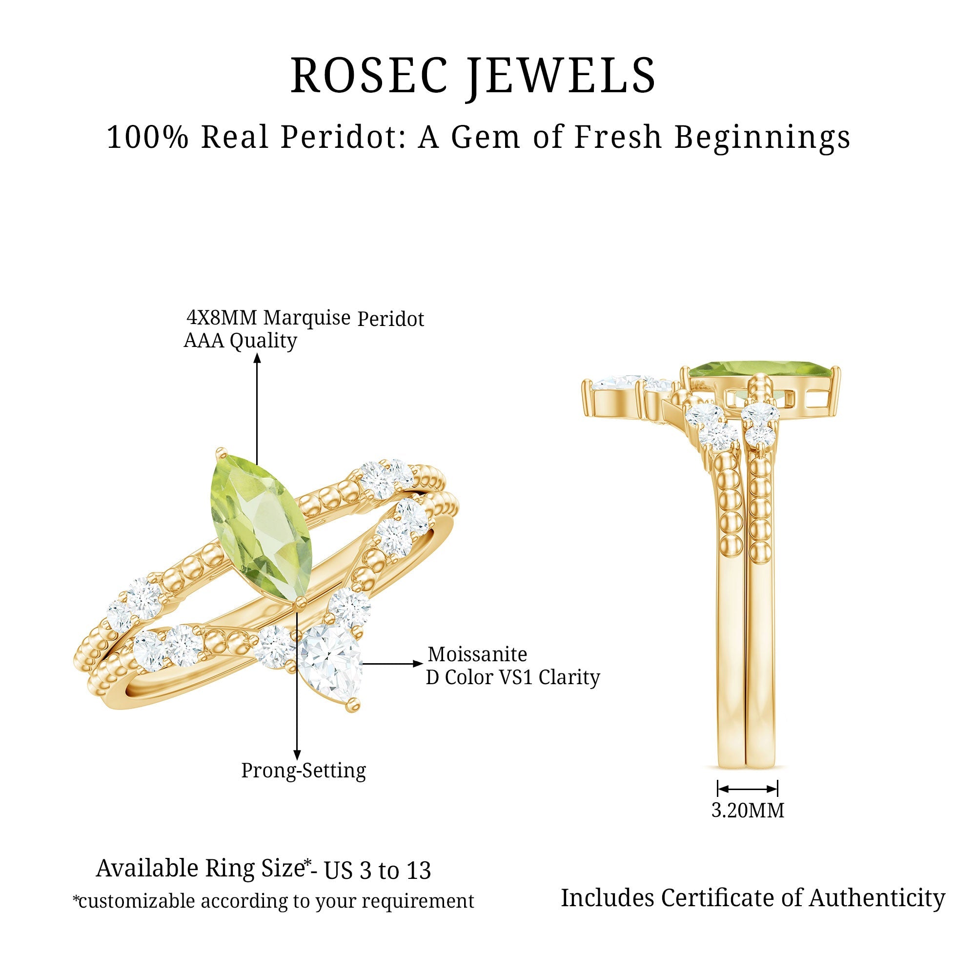 Natural Peridot Marquise Engagement Ring With Wedding Band