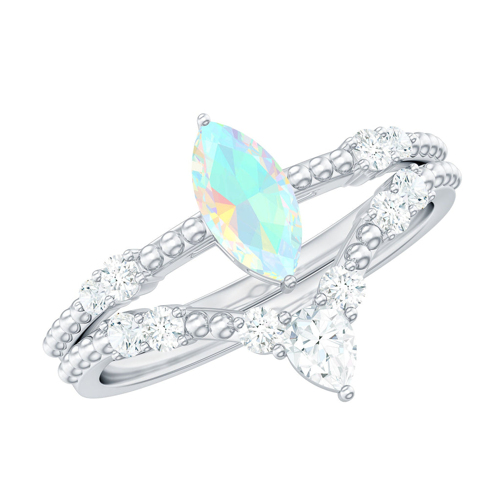 Certified 0.5 Carat Real Ethiopian Opal Marquise Engagement Wedding Ring Set of 2