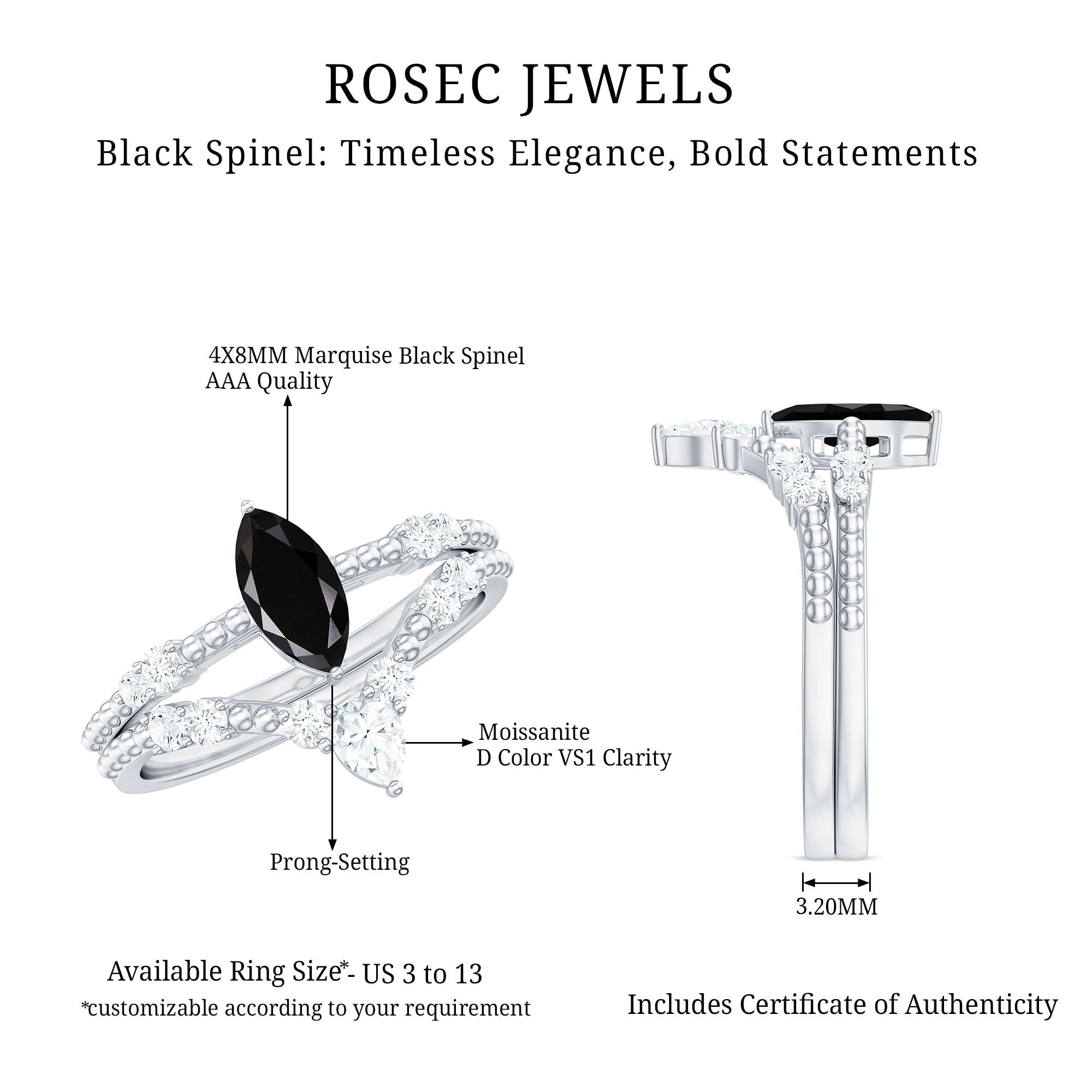 Natural Black Spinel Wedding Engagement Ring Set with Moissanite